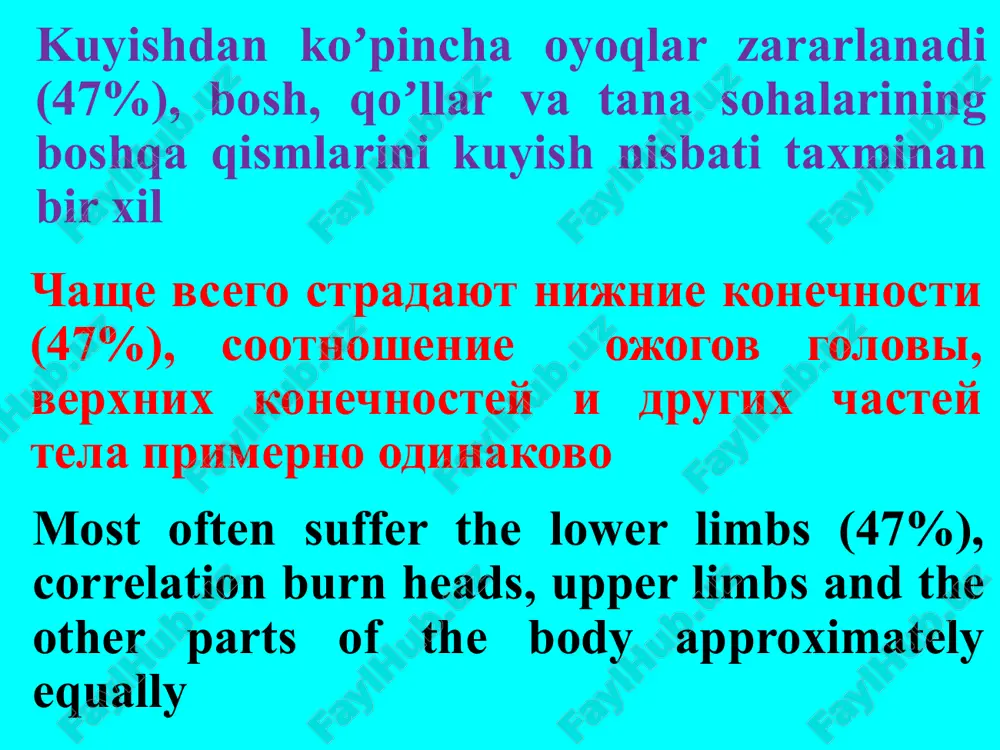 sining ii darajali kuyishi ojog stopi ii stepeni the burn of the foot ii degree qo’l panjasining ii darajali kuyishi ojog kisti ii stepeni the burn of the hand ii degree iiia darajali kuyish klinikasi kuyish baʼzi joylarda faqatgina yuz qismlarini, baʼzi joylarda esa terining butun qavatigacha borib, soʼrgʼichsimon qavat nekrozini keltirib chiqaradi. terining baʼzi joylari pufakchalar, oq yoki qora rangdagi dogʼlar bilan qoplangan shikastlangan sohada giperesteziya kuzatiladi. oʼlgan toʼqimalar po’stloq hosil qiladi va tirik toʼqimalardan demarkatsion chiziq xosil qilib ajraladi klinika ojoga iiia stepeni mestami porajen poverxnostniy sloy koji, mestami je ojog rasprostranyaetsya na vsyu ee tolshu, s polnim nekrozom sosochkovogo sloya. koje koe gde pokrita puziryami, pyatnista, pyatna blednogo ili temnogo ottenka, inogda daje chernie. nablyudaetsya giperesteziya v zone porajeniya. mertvie tkani obrazuyut strup, kotorie ottorgaetsya ot jivix tkaney s obrazovaniem demarkatsionnnoy linii the clinic of the burn iiia degree the places is struck surrface layer of the …