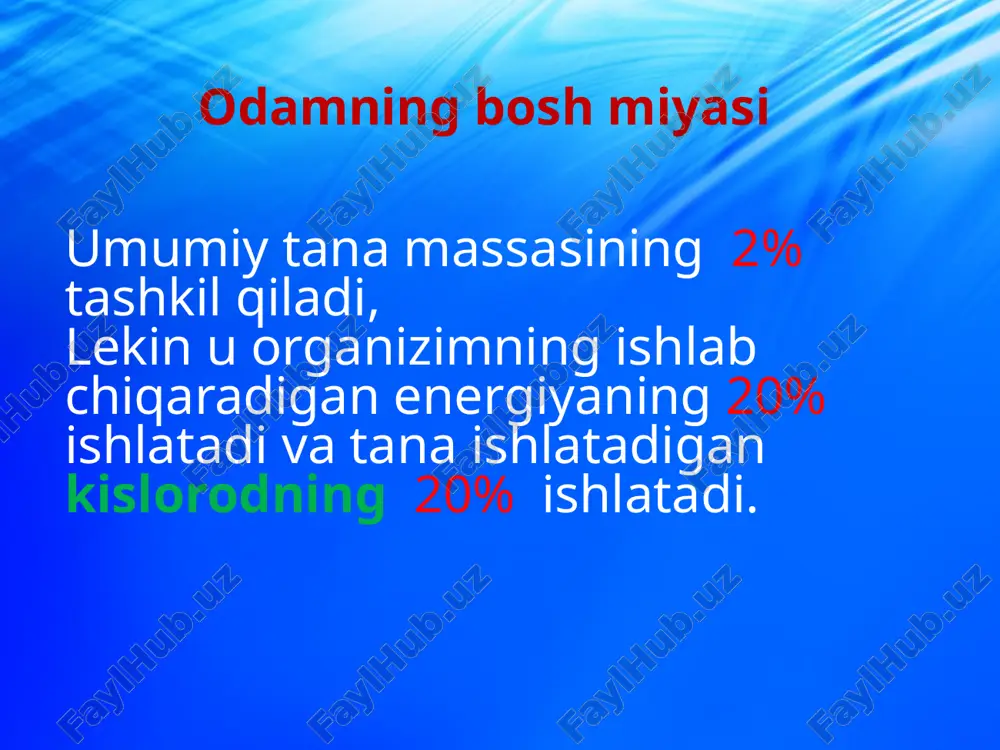 iyotlardan olingan barcha ma'lumotlar talamusga birlashadi. ahamiyatsiz ma'lumotlar yo'q qilinadi va muhim voqealarni qabul qilishda ahamiyatli ma’lumotlarda faollashadi. gipotalamus tananing ichki muhitining barqarorligini saqlaydigan chanqoqlik, ochlik markazlari joylashgan. gipofiz endokrin bez gipotalamus bilan chambarchas bog'liq. i.m.sechenovning “bosh miya reflekslari” kitobida shunday yozilgan: “… ongli ongsiz hayotning hamma aktlari kelib chiqish mohiyatiga ko’ra reflekslardir”. bu fikr i.p. pavlov tomonidan shartli va shartsiz reflekslar haqidagi nazariyada rivojlantirildi. reflekslarning biologic ahamiyati organizmning funksional bir butunligi saqlanishida, uning ichki dunyosining barqarorligida va shuningdek, tashqi sharoit bilan foydali muloqotda bo’lishida ifodalanadi. nerv sistemasining faoliyati reflektor tarzida amalga oshadi. ichki va tashqi muhit ta ’sirlariga markaziy nerv sistemasi orqali qaytariladigan javob reaksiyasi refleks deb ataladi. tashqi ta’sirlar eng avvalo impulsni sezgir periferik nerv uchlari - retseptorlar orqali qabul qilinadi. nerv sistemasi tashqi ta’sir natijasida faol holatga kelib, qo‘zg‘alishni javob qaytaruvchi organga o'tkazadi. refleksning yuzaga chiqishida qo‘zg‘ahsh oladigan yol refleks yoyi deyiladi. refleks: 1-tizza payi; 2-retseptorlar; 3-sezuvchinerv …