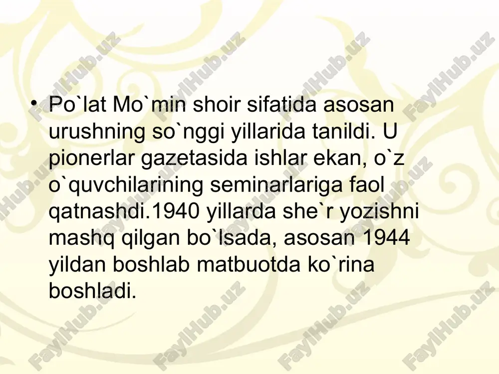 na komsomollar, na kommunistlar o‘z saflariga qabul qilishmagan. yana bir sababi, ularning safini «bulg‘atgani» o‘zimda ham ishtiyoq yo‘q edi. shu tufayli marhum otam 1956 yili oqlanganlaridan keyin ham baribir partiyasiga kirmadim. maktabni tugallab ilgarigi o‘rta osiyo, hozirgi o‘zbekiston milliy universitetining sharq fakulteti eron-afg‘on bo‘limiga o‘qishga kirdim. uni bitirgach, «sharq yulduzi», «g‘uncha» jurnallari, «o‘zbekiston madaniyati» gazeta tahririyatida, so‘ng o‘zbekiston radiosining adabiyot bo‘limida ishladim. 1967 yili «o‘zbekfilm» kinostudiyasiga taklif etildim. bir yildan so‘ng meni moskvaga, ikki yillik ssenaristlar oliy kursiga o‘qishga jo‘natishdi. qaytib kelgach, 1970 yildan to 1999 yilgacha ish joyim kino sohasida bo‘ldi, dastlab kinostudiyada muharrir, so‘ng bosh muharrir, keyinchalik «o‘zbekkino» dakda boshqarma boshlig‘i lavozimlarida ishladim. ijodimni bolalarga hikoya yozishdan boshlaganman. «daradagi qishloqda» degan birinchi hikoyam 1956 yili «sharq yulduzi» jurnalida bosilib chiqdi. birinchi hikoyalar to‘plamim ham shu nomda 1959 yili chop etildi. shundan buyon bolalarga 60 dan ziyod hikoya, uchta qissa yozdim, 15 tadan ortiq kitob nashr ettirdim. ulardan «orzuga …