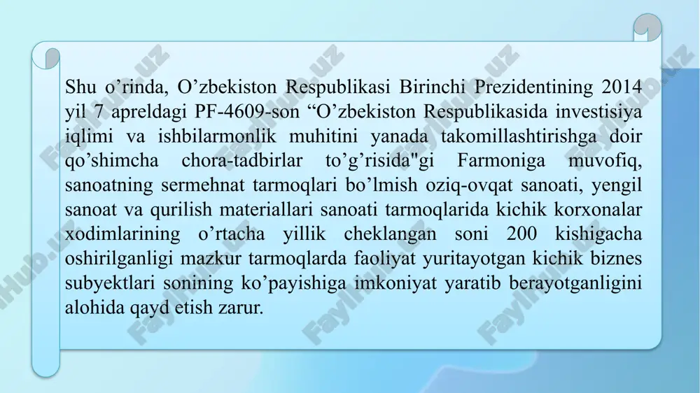 ash joizki, joriy yilning 7-8 iyul kunlari davlatimiz rahbarining namangan viloyatiga tashrifi doirasida o‘tkazilgan kengaytirilgan yig‘ilishda belgilab berilgan fond faoliyatini yanada takomillashtirish, viloyatlarda tadbirkorlik sub'yektlariga eksport faoliyatini amalga oshirishda ko‘maklashish samarali faoliyatini tashkil etishga qaratilgan markazlar tashkil etishni nazarda tutuvchi hukumat qarori loyihasi vazirlar mahkamasiga kiritilgan. uning qabul qilinishi tashqi bozorlarga chiqishda zarur moliyaviy, marketing va tashkiliy yordam ko‘rsatishni yanada takomillashtiradi. shuningdek, tadbirkorlik sub'yekt-larining eksportga qaratilgan faoliyatini rag‘batlantirish uchun bir qator soliq, bojxona imtiyozlari, boshqa preferensiyalar yaratishni taqozo etadi. o‘zbekiston respublikasi soliq kodeksining mos ravishda 212 va 230 moddalariga asosan: - tovarlarni chet el valyutasida eksportga realizatsiya qilish oborotiga nol darajali stavka bo‘yicha qo‘shilgan qiymat solig‘i solinadi; - aksiz to‘lanadigan tovarlarni ularning ishlab chiqaruvchilari tomonidan eksportga realizatsiya qilishga aksiz solig‘i solinmaydi. o‘zbekiston respublikasi prezidentining 2000 yilning 5 iyundagi 2613-sonli farmoniga asosan eksport qiluvchi mikrofirmalar va kichik korxonalar uchun yagona soliq to‘lovi stavkasi umumiy sotish hajmida o‘zlari ishlab chiqargan va erkin …