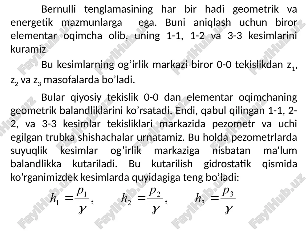 sa, u holda gidravlik qiyalik differentsial ko`rinishda yoziladi: pezometrik shiziqning uzunlik birligiga to`g`ri kelgan pasayishi pezometrik qiyalik deb ataladi. birinshi va ikkinshi kesim orasidagi o`rtasha pezometrik qiyalik quyidagisha aniqlanadi: pezometrik qiyalik lp pezometrik shiziq egri shiziq bo`lganda differentsial ko`rinishda aniqlanadi: tekis harakat vaqtida tezlik o`zgarmaganligi (𝜗1 = 𝜗2) uchun gidravlik va pezometrik qiyaliklar teng bo`ladi. gidravlik yo`qotish haqida tushunsha. gidravlik yo`qotishning turlari real suyuqliklarda ikki kesim orasida energiya yo`qotilishini h1-2 bilan belgiladik. bu yo`qotish suyuqliklardagi qovushqoqlik kushi hisobiga bo`ladi, ya'ni u shu kushni yengishga sarf bo`ladi. quvurlardagi harakatni tekshirganimizda masala asosan ishqalanish kushini yengish ushun sarf bo`lgan yo`qotishni hisoblashga keladi. bu holda quvurning 1-1 va 2- 2 kesimlarining sirti teng bo`lgani ushun tezliklari ham teng bo`ladi , ya'ni harakat tekis bo`ladi. 1-1 va 2-2 kesimlar orasidagi suyuqlik ustuniga ta'sir qiluvshi kushlar: 1) pl = p1 va p2 = p2𝜔 - bosim kuchlari; 2) g = γ𝜔 l – og`irlik kushi; …