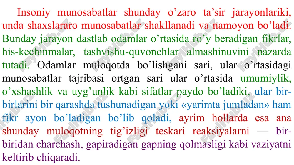 — birgalikda chiqarish ehtiyoji paydo bo’lganligini hisobga olsak, odamlarning muomala madaniyati va muloqot texnikasi mehnat unumdorligi va samaradorlikning muhim omillaridandir. 3. insoniy muomala va muloqotning psixologik vositalari. odamlar bir-birlari bilan muomalaga kirishar ekan, ularning asosiy ko’zlagan maqsadlaridan biri — o’zaro bir-birlariga ta’sir ko’rsatish, ya’ni fikr — g’oyalariga ko’ndirish, harakatga chorlash, ustanovkalarni o’zgartirish va yaxshi taassurot qoldirishdir. psixologik ta’sir — bu turli vositalar yordamida insonlarning fikrlari, hissiyotlari va xatti-harakatlariga ta’sir ko’rsata olishdir. psixologik ta’sirning asosan uch vositasi farqlanadi. paralingvistik ta’sir — bu nutqning atrofidagi nutqni bezovchi, uni kuchaytiruvchi yoki susaytiruvchi omillar. noverbal ta’sir bu «nutqsiz» ta’sirdir. verbal ta’sir — bu so’z va nutqimiz orqali ko’rsatadigan ta’sirdir. muloqot jarayonidagi xarakterli narsa shundaki, suhbatdoshlar bir-birlariga ta’sir ko’rsatmoqchi bo’lishganda, dastavval nima deyish, qanday so’zlar vositasida ta’sir etishni o’ylar ekan. aslida esa, o’sha so’zlar va ular atrofidagi harakatlar muhim rol o’ynarkan. masalan, mashhur amerikalik olim albert megrabyan formulasiga ko’ra, birinchi marta ko’rishib turgan suhbatdoshlardagi taassurotlarning …