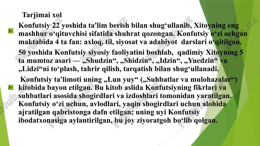 ” uning ijtimoiy axamiyatini ashiradi djon dyui 1859-yil 20-oktabrda tug‘ilgan 1952-yil 1-iyunda vafot etgan djon dyuining pedagogik kontseptsiyasi xx asr boshlarida, chet el va ayniqsa amerika pedagogikasida maktab ta'limi masalalari bo‘yicha pragmatik (yunoncha «pragma» - harakat, amaliyot) g‘oyasi keng tarqaldi. pedagogikada mashhur pragmatizm tarafdori djon dyui (1859-1952-yillar) maktab t'limining o‘z kontseptsiyasini yaratishga ko‘p urindi. bu yo‘nalish vakillari (dj.dyui, g.kershenshteyner) o‘qitish- bu o‘quvchining «tajribasini qayta tashkil etish» uzluksiz jarayoni deb hisoblaydilar. o‘qitishni dyui kundalik hayotdan olingan amaliy masalalani hal etishga oid bolalar faoliyatini tashkil etish sifatida tushunadi. bu nazariyaning asosiy boshlang‘ich qoidalari quyidagilardan iborat deb hisoblangan: «01-dindan tuzilgan o‘quv kurslari kerak emas» «o‘qitish materiallarini bolaning tajribasidan olish kerak», «bolani o‘qitishda sifat kabi miqdor ham belgilanishi kerak», «bajarish yordamida o‘qitish - maktabda asosiy metod bo‘lishi lozim». 19 «harakatlar pedagogikasi» kontseptsiyasi ko‘p jihatdan dj.dyuining falsafiy (pragmatizm) va psixologik qarashlarining oqibati hisoblanadi. uning muallifi, reformatorlardan biri nemis pedagogi vilgelm avgust lay (1862-1926-yillar) bilim olish …