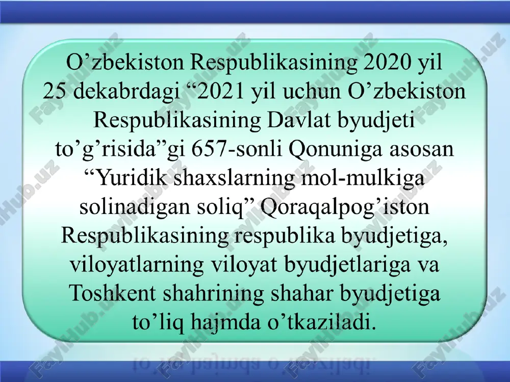 an binolar, foydalanilmayotgan ishlab chiqarish maydonlari, yashash uchun mo’ljallanmagan inshootlar, shuningdek tugallanmagan qurilish ob’ektlariga nisbatan qonun hujjatlarida oshirilgan soliq stavkalarini belgilash yo’li bilan ta’sir choralari qo’llanilishi mumkin hamda soliq kodeksning 414-moddasida ko’rsatilgan soliq imtiyozlari ularga tatbiq etilmaydi. 415-modda. soliq stavkalari soliq stavkasi quyidagilarga nisbatan 0,6 foiz miqdorida belgilanadi: 1) umumiy foydalanishdagi temir yo’llar, magistral quvurlar, aloqa va elektr uzatish liniyalari, shuningdek mazkur ob’ektlarning ajralmas texnologik qismi bo’lgan inshootlar; 2) konservatsiya qilinishi to’g’risida o’zbekiston respublikasi vazirlar mahkamasining qarori qabul qilingan ko’chmas mulk va tugallanmagan qurilish ob’ektlari. 416-modda. soliq davri kalendar yil soliq davridir. 417-modda. soliqni hisoblab chiqarish, soliq hisobotini taqdim etish va soliqni to’lash tartibi soliq to’lovchilar soliqni soliq kodeksning 412-moddasiga muvofiq aniqlangan soliq bazasidan va tegishli soliq stavkasidan kelib chiqqan holda mustaqil ravishda hisoblab chiqaradi. soliq hisoboti soliq bo’yicha hisobga olish joyidagi soliq organiga yilda bir marta, yillik moliyaviy hisobot topshiriladigan muddatda taqdim etiladi, o’zbekiston respublikasi norezidentlari bo’lgan yuridik shaxslar …