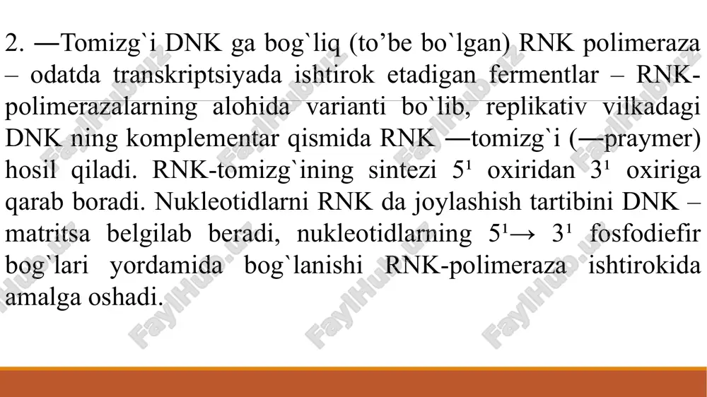 a bo`laklarni yechib beradilar ; buning uchun 2 molekula atf gidrolizidan hosil bo`ladigan energiya kerak . ajralgan zanjirlar qaytadan qo`shilib ketmasligi uchun dnk-bog`lovchi oqsillar , replikatsiya jarayonida zanjirlarning juda tez yechilishida uzilib ketmasligi uchun giraza (guration – aylanish so`zidan olingan), eukariotlarda topoizomeraza va yana bir qator fermentlar va oqsillar, matritsa va initsiatorlar qatnashadi. dnk-giraza fermenti yordamida qisqa ajralish va birikishlar sodir bo`ladi. u xelikazaga replikatsiya uchun dnk ni qayta aylantirishga yordam beradi. zanjirlarning yoyilishida har bir qo`sh asosning ajratilishi uchun ikki molekula atf – gidroliz energiyasi sarf bo`ladi. umuman, dnk ning yoyilishi dnk replikatsiyasining eng qiziqarli va eng murakkab muammolaridan biridir. 1969 yilda yapon olimi reydji okazaki har ikkala zanjir bir vaqtda replikatsiya qilinganda bir zanjir uzluksiz, ikkinchi yangi zanjir esa kalta fragmentlar shaklida sintezlanishini kashf etdi. uzluksiz sintezlanadigan zanjir―boshlovchi, uzilib sintezlanadigani ― kechikkan zanjir deb ataladi. so`ngra okazaki fragmentlarining sintezi uchun tomizg`i sifatida rnk ning kichik bo`lakchalari kerak ekanligi …