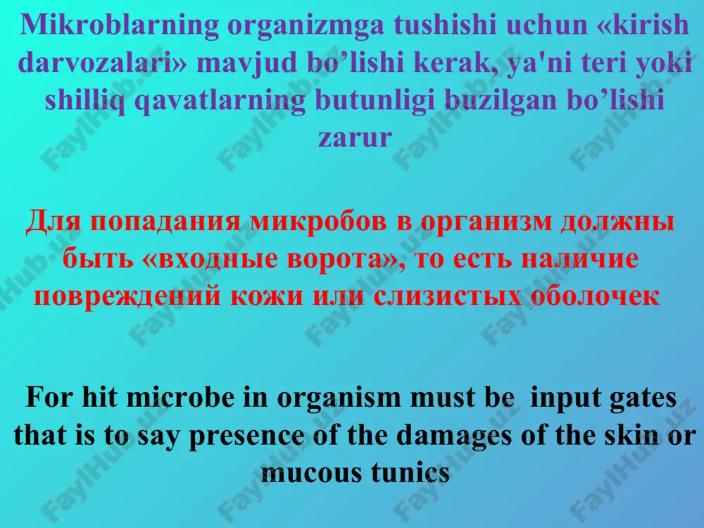 o'ks oralig'ida qorin pardasi va qorin bo'shlig'i a'zolarida chanoq bo'shlig'i va a'zolarida bo'g'im va suyaklarda jarayonning joylashuviga ko'ra: po lokalizatsii porajeniya: sredosteniya bryushini i organov bryushnoy polosti taza i ego organov kostey i sustavov on localizations of the defeat: mediastinum the peritoneums and organ to abdominal cavity the pelvis and its organs the bones and joint etiologiyasiga ko’ra stafilokokkli streptokokkli pnevmokokkli kolibatsillyar kuk yiringli tayokchali aralash va boshkalar po etiologii: stafilokokkovaya streptokokkovaya pnevmokokkovaya kolibatsillyarnaya sinegnoynaya smeshannaya i dr. on etiology: staphylococcus streptococcus pneumococcus e. coli p. aeruginisa mixed and others o'tkir yiringli infektsiya bilan kurash va uni ushlab olishning asocida yotadi: travmatizmga yo’l qo’ymaslik ochiq jaroxatlari bo’lgan bemorlarga yordam berish va davolash kundalik xayotda va barcha jarroxlik ishlarida aseptika qoidalariga qat'iyan rioya kilish v osnove organizatsii preduprejdeniya i borbi s ostroy xirurgicheskoy infektsiey lejit: profilaktika travmatizma pervaya pomosh i lechenie postradavshix, imeyushix otkritie povrejdeniya strojayshee soblyudenie zakonov aseptiki vo vsey …