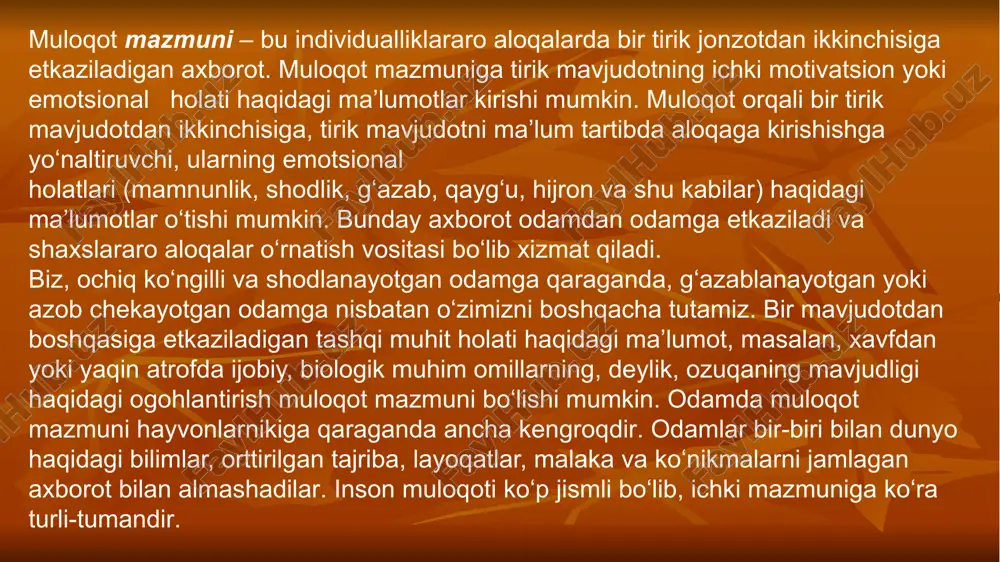 ilash; - suhbatdosh shaxsini belgilash; - o‘z muloqoti mazmunini rejalashtirish, odam aynan nima haqida so‘z yuritishini tasavvur qiladi (odatda anglanmagan holda); - inson ongsiz ravishda (ba’zan ongli) foydalanishi mumkin bo‘lgan aniq vositalar, nutqiy iboralarni tanlaydi, qanday gapirib, o‘zini qanday tutishini o‘ylab qo‘yadi; - suhbatdoshning javob reaksiyasini idrok qilish va baholash, qaytar aloqa o‘rnatish asosida muloqot samaradorligini nazorat qilish; - muloqot yo‘nalishi, uslubi, metodlariga tuzatishlar kiritish. agar muloqot aktining biror-bir halqasi izdan chiqqudek bo‘lsa, so‘zlovchi muloqotdan kutgan natijalariga erisha olmaydi. blits-so’rov savollari 1. «muloqot» tushunchasi, uning maqsadi va mazmunini ochib bering. 2. insonlar muloqotining vazifalari va turlari nimadan iborat? 3. qanday muloqot vositalarini bilasiz? 4. muloqotning nuqtai nazarlari haqida gapirib bering. 5. muloqotdagi kauzal atributsiya, refleksiya, tenglashtirish va persepsiya nimani bildiradi? 6. tirik jonzotlar filogenezi va odam ontogenezidagi muloqot taraqqiyotini ochib bering. e`tiboringiz uchun tashakkur!!! image7.jpeg image8.jpeg image9.jpeg image10.jpeg image11.jpeg image12.png image13.png /docprops/thumbnail.jpeg