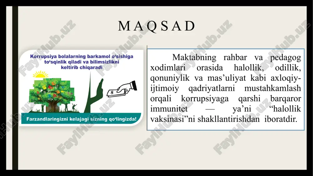 i baholash tizimini joriy etish maktab direktori kuzatuv kengashlari har o‘quv yilida etnik me’yorlar asosida faoliyat yuritiladigan maktab muhiti shakllanadi, ochiq, shaffof va halol faoliyat yuritayotgan jamoa shakllanadi 3. halollik g‘oyasi targ‘ibotida yetarli innovatsion uslublar qo‘llash, barcha faoliyat natijalari tizimli baholash plakatlar, videoroliklar, “halollik elchilari” klubini tashkil etish, har chorakda ichki monitoring, jamoatchilik fikri asosida hisobotlar tuzish maktab rahbarlari fan o`qituvchilari har chorakda halollik g‘oyasi nafaqat rasmiy, balki ijtimoiy madaniyatga aylanadi, halollik bo‘yicha amalga oshirilgan ishlar natijalari doimiy tahlil qilinadi maktab rahbar va pedagog xodimlarini “halollik vaksinasi” bilan “emlash” zamonaviy ta’lim tizimida halollik, qonuniylik va kasbiy mas’uliyatni targ‘ib etishga qaratilgan muhim pedagogik yondashuvdir. tadqiqotlar shuni ko‘rsatadiki, antikorrupsion kompetentlikni rivojlantirish orqali ta’lim muassasalarida korrupsiyaviy xavflarni kamaytirish, axloqiy muhitni mustahkamlash mumkin. xorijiy tajribalar (janubiy koreya, singapur, finlyandiya) asosida bu yo‘nalishda qonunchilik, pedagogik tayyorgarlik va etnik me’yorlar uyg‘un holda tatbiq etilayotgani kuzatildi. o‘zbekiston tajribasi esa huquqiy asoslar mavjudligi bilan ajralib tursa-da, uni amaliyotga …