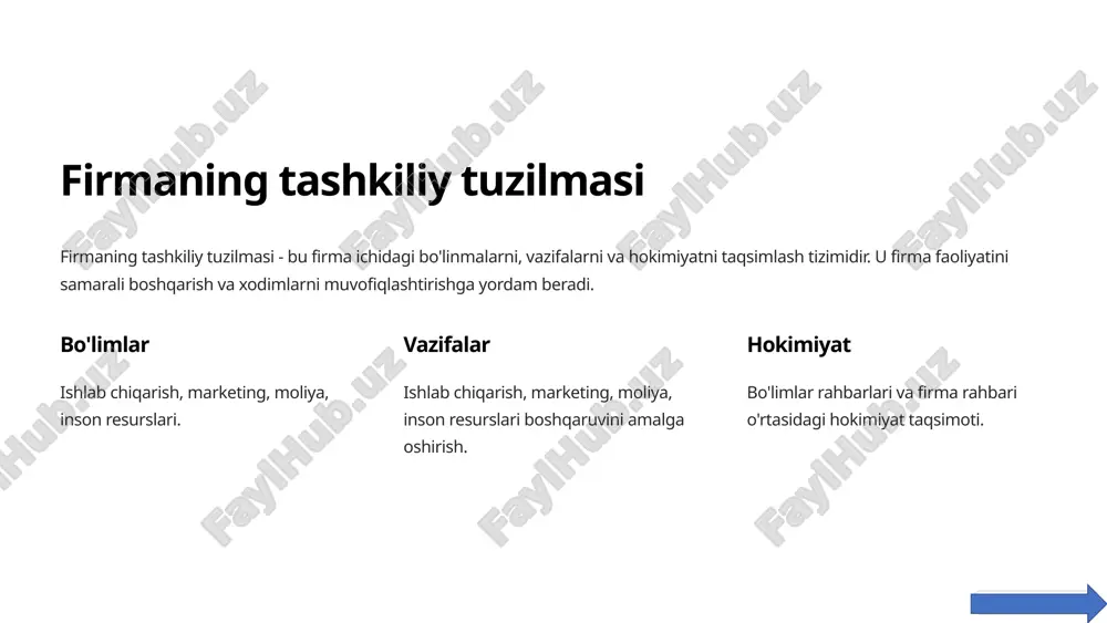 ishlab chiqarish bo`linmalarini tashkil etishni nazarda tutadi».o.uilyamson. marketolog firmalar tipologiyasi. firmani rivojlantirish trayektoriyasi firma ichki tuzilishi u yoki bu modellarining paydo bo`lishi va tarqalishini faqat ularning «prinsipal-agent» muammosini hal etishdagi qiyosiy samaradorligi bilan izohlab bo`lmaydi. firmaning yangi ichki tuzilishini rivojlantirishga nisbatan ehtiyoj paydo bo`lib, biroq bu amalga oshirilmay qoladigan holat bo`lib turishi tabiiy. alfred chandler elektrotexnika sanoatida asr boshida yuzaga kelgan vaziyatni misol tariqasida keltiradi. buyuk britaniya, germaniya va aqshda dastlabki elektrotexnika korxonalari deyarli bir vaqtda paydo bo`lganiga qaramay, jahon bozorida yetakchilik mavqeini faqat germaniya (aeg) va amerika (“general elektrik”) elektrotexnika ishlab chiqaruvchilari egallashdi. boz ustiga, britaniya firmalari hatto o`zlarining milliy bozoridan ham siqib chiqarildi: aeg ushbu davrda britaniyada o`z mahsulotlarini har qanday ingliz firmalariga qaraganda ko`proq sotdi. britaniya ishlab chiqaruvchilari «germaniya va amerika firmalari bilan teng raqobatlashish uchun zarur bo`lgan tashkiliy xususiyatlarni rivojlantira olishmadi», degan xulosaga keldi, chandler. tashkiliy madaniyat – tashkilot a’zolari o`rtasidagi o`zaro munosabatlarni tartibga soluvchi va …