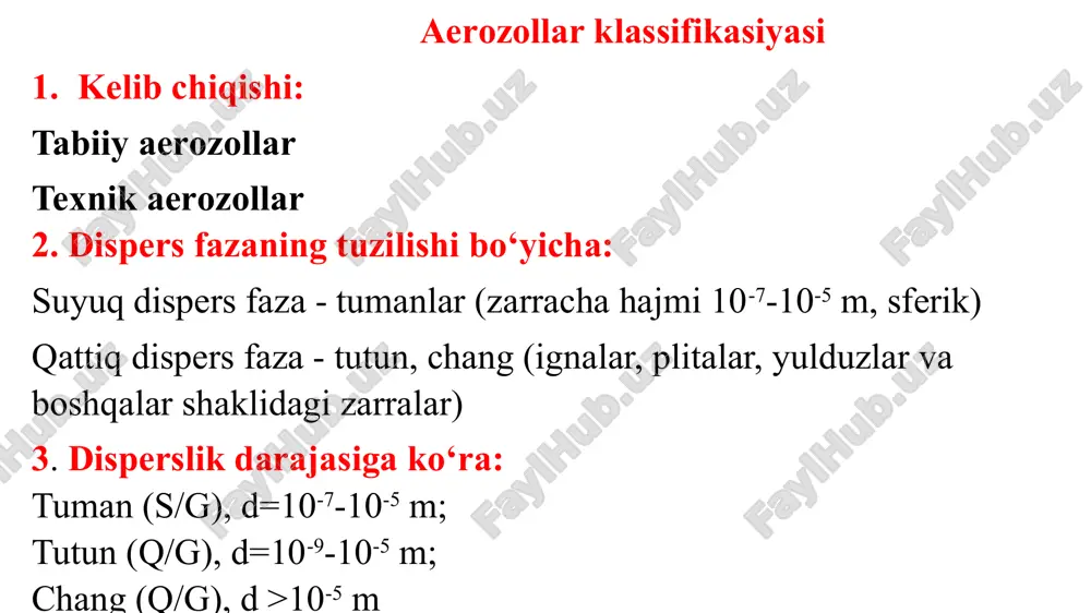 ezda zarrachalarning harakati yorug`lik manbaidan boshlanadi. manfiy fotoforezda esa aksincha, zarrachalar haraqati yorug`lik manbai tomon yo`nalgan bo`ladi. aerozol dispers fazasi zarrachalarining sovuq jismlar sirtiga qamralib qolishi termopretsepitatsiya deb ataladi. ana shu hodisa tufayli pech, radiator yaqinidagi devorlarda chang-to`zon o`tirib qoladi. e’tiboringiz uchun tashakkur! image2.png image3.png image4.png image5.png image6.png image7.png image8.png image9.png image10.png image11.png /docprops/thumbnail.jpeg