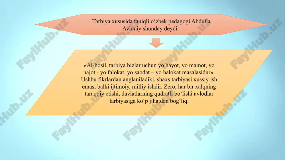 -ilova tarbiya metodi (yunoncha “metodos” – yo‘l) tarbiya maqsadiga erishishning yo‘li; tarbiyalanuvchilarning ongi, irodasi, tuyg‘ulari va xulqiga ta’sir etish usullari tarbiyaning mazmuni shaxsning shakllanishiga qo‘yiluvchi ijtimoiy talablar mohiyatidan iborat 5-ilova yosh xususiyatlari muayyan bir yosh davriga xos bo‘lgan anatomik, fiziologik (jismoniy) va psixologik xususiyatlardir 6-ilova 7-ilova xalq pedagogikasida qo‘llaniladigan tarbiya metodlari namuna nasihat qilish, o‘git qoralash va jazo tushuntirish maslahat berish uzr so‘rash yaxshilik haqida so’zlash o‘rnak bo‘lish undash ko‘ndirish iltimos qilish yolvorish tilak-istak bildirish ma’qullash rahmat aytish duo qilish oq yo‘l tilash ta’kidlash ta’na gina tanbeh berish majbur qilish koyish ayblash uyaltirish qo‘rqitish nafratlanish ont-qasam ichirish urish kaltaklash o‘rgatish odatlantirish mashq qildirish 8-ilova tarbiyaning umumiy metodlari ongni shakllantirishga hizmat qiluvchi metodlar odatlantirish va faoliyatda mashqlantirish metodlari odatlantirish va faoliyatda mashq orqali erishish metidlari tarbiyada rag’batlantirish va jazolash metodlari xikoya, tushuntirish, o’qitish, ma’ruza axloqoy, (ma’naviy) suhbat, baxs namuna k’rsatish ko’rsatma pedagogik talab, o’rgatish, mashq qilish, tarbiyalovchi vaziyatlar, musobaqa, jamoatchilik fikri …
