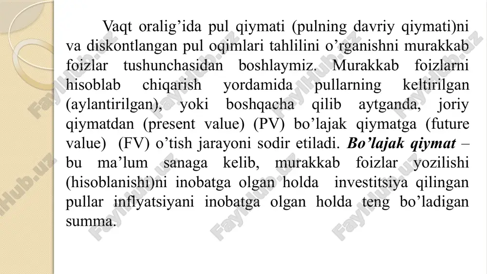 iz keyingi uch yil davomida har yili 100 dollardan jamg’arib borishni rejalashtirgansiz. agar foiz stavkasi yiliga 10%ga teng bo’lsa, bu davrning oxiriga kelib sizda qancha pul to’planib qolishi mumkin? sizda qancha pul to’planishini aniqlash annuitetning bo’lajak qiymatini topish formulasidan foydalasiz. n i pv fv pmt natija 3 10 0 ? 100 fv = 364,10 agar pulni zudlik bilan jamg’arishni boshlasangiz pulingiz quyidagi qiymatga teng bo’ladi: 2) annuitetning keltirilgan qiymati ko’pincha, bizga annuitetning keltirilgan qiymatini ham bilish kerak bo’ladi. masalan, keyingi uch yil davomida yiliga 10 foiz foyda yoziladigan fonddan har yili 100 dollar olib turish uchun shu fondga qancha pul qo’yishingiz kerak? buni aniqlash uchun annuitetning keltirilgan qiymatini topish formulasidan foydalanasiz. n i pv fv pmt natija 3 10 ? 0 100 pv =248,69 foydalanilgan adabiyotlar ro’yhati: 1. bodi z., merton r.s., cleeton d.l. textbook. financial economics. new jersey: “pearson education”, 2019. – 500 p. 3.malikov t.s., jalilov sh.q. moliyaviy …