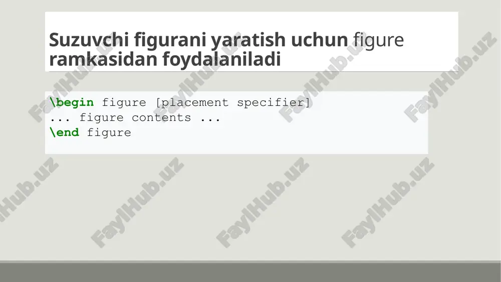 iz. shuni yodda tutingki, wrapfig standart latex o'rnatilishi bilan birga kelmasligi mumkin; qo'shimcha paketlarni o'rnatishingiz kerak bo'lishi mumkin. wrapfig dan foydalanish uchun avval uni muqaddimaga qo'shishingiz kerak: bu sizga kirish imkonini beradi: chiziq balandligi rasm egallagan matn satrlari soni sifatida ifodalanadi. agar siz ushbu parametrni bo'sh qoldirsangiz, latex avtomatik ravishda qiymatni (juda ko'p interval bilan) hisoblab chiqadi, ammo bu yoqimsiz chizmalarga olib kelishi mumkin. latex hisobi chizma egallashni xohlagan qatorlar sonini kiritish orqali qo'lda bekor qilinadi. ushbu parametrni pt, mm va hokazolarda kiritish mumkin emas... \usepackage {wrapfig} \begin {wrapfigure} [lineheight]{position}[overhang]{width} jami sakkizta mumkin bo'lgan joylashish maqsadi mavjud: r r matnning o'ng tomoni l l matnning chap tomoni i ya ichki chekka - bog'lash yonida (2d hujjatda) o o tashqi chekka - bog'lashdan uzoqda katta harf belgisi shaklning harakatlanishiga imkon beradi, kichik harf varianti esa "bu yerda" degan ma'noni anglatadi kenglik, albatta, chizmaning kengligi. misol: \begin{wrapfigure}{r}{0.5\textwidth} \begin{center} \includegraphics[width=0.48\textwidth]{gull} \end{center} \caption{a gull} …