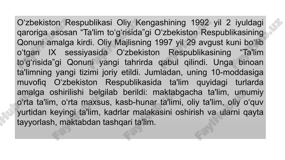 itetning filiali ochildi. yetakchi xorijiy universitetlar bilan hamkorlikda 141 ta qo‘shma ta'lim dasturi bo‘yicha kadrlar tayyorlash yo‘lga qo‘yildi. oliy ta'lim muassasalariga jami 146 ming 500 nafar yoki 2016 yilga nisbatan 2 barobar ko‘p talaba o‘qishga qabul kilindi. 2020 yilda tariximizda ilk bora 6 yoshli bolalarni maktabga tayyorlash tizimi joriy qilinadi. bunga byudjetdan 130 milliard so'm ajratilib, bu jarayonda xususiy maktabgacha ta'lim muassasalari ham bevosita ishtirok etishi; byudjetdan ajratiladigan 1,7 trillion so'm mablag' hisobidan 36 ta yangi maktab qurilib, 211 tasi kapital ta'mirlanadi. shuningdek, 55 ta xususiy maktab tashkil etilib, ularning soni 141 taga etkazilishi; 2020 yilgi o'quv yilidan boshlab, mutlaqo yangi professional ta'lim tizimi yo'lga qo'yilib, 340 ta kasb-hunar maktabi, 147 ta kollej va 143 ta texnikum tashkil etilishini nazarda tutilgan oliy o‘quv yurtlariga talabalar qabul qilish davlat grantlarini 2 barobar ko‘paytirildi. qizlarimiz uchun alohida grantlar ham ajratiladi. pedagogik ta'limning 6 ta yo‘nalishi bo‘yicha o‘qish muddati 3 yil qilib belgilanadi. …