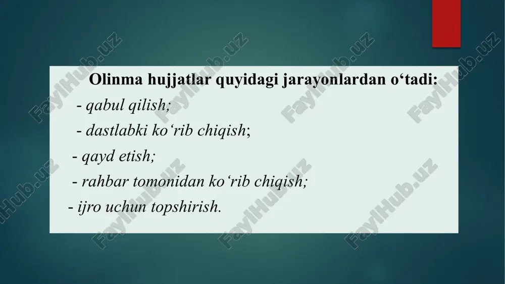 ilmaydigan hujjatlar ham bo‘ladi (1-ilovaga qarang), ular tegishli bo‘linmalarda ro‘yxatga olinadi (umumiy bo‘limda faqat kelgan sanasi qo‘yiladi). olinma, jo‘natma va ichki hujjatlar alohida-alohida ro‘yxatga olinadi. olinma va jo‘natma hujjatlarning ro‘yxatga olinish shartli raqami ro‘yxatdan o‘tkazish tartib raqami va yig‘majildlar nomenklaturasi bo‘yicha yig‘majild indeksi raqamlaridan iborat boiadi: masalan: 165/03-19 bu yerda: 165 - ro‘yxatdan o‘tkazish tartib raqami 03-19 - hujjat yoki uning nusxasi tikiladigan yig‘majild raqami. ichki hujjatlar ro‘yxatga olinayotganda, hujjat turiga qarab guruhlanadi va ularning har biri alohida qayd etiladi. masalan, asosiy faoliyat bo‘yicha buyruqlar, shaxsiy tarkib bo‘yicha buyruqlar, taftish dalolatnomasi, bayonnomalar, hisobotlar, bildirishnomalar, arizalar va h.k. ro‘yxatga olinishning tartib raqami har birida alohida bo‘ladi. ro‘yxatga olish indeksi yil davomida qo‘yiladi va yil boshidan qayta tartiblanadi. hujjatning nisbatan oz yoki ko‘pligiga qarab, ro‘yxatga olish daftari yoki ro‘yxatga olish nazorat varaqchasi qo‘llanadi. ro‘yxatga olish daftari hujjatlar soni uncha ko‘p bo‘lmagan tashkilotlarda qulaydir. yuqorida qayd etilganidek, bunday daftarlar olinma (kirish) qayd daftari, …