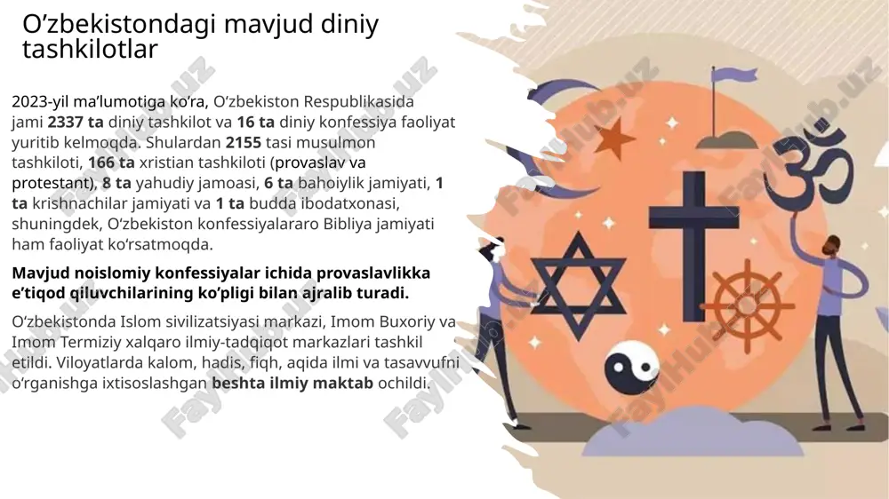 asi boshliqlarining faoliyati bunga misol bo‘ladi. oxiratni 1999-yilning 31- dekabriga “belgilagan” ushbu sekta rahbarlari o‘z tarafdorlarini mol–mulklarini sotish, tushgan mablag‘ni ularga berishga va shu yo‘l bilan gunohlardan forig‘ bo‘lishga chaqirgan. qiyomatning 2001-yil 1-yanvarga “ko‘chirilishi” sekta rahbarlariga nisbatan shubha uyg‘onishiga olib kelgan. shundan so‘ng rahbarlar ugandaning janubi-g’arbidagi kanungu tumanida 500 dan ortiq o‘z tarafdorlarini aldab cherkovda to‘plab, bino eshiklari va derazalarini mixlab, binoga o‘t qo‘yib yuborishgan. ommaviy axborot vositalari xabarlariga ko‘ra, tezkor tadbirlarni o‘tkazgan politsiya yana to‘rt joyda ommaviy qabrlarni topgan. umuman bu sektaning qurbonlari 1000 ortiq bo‘lgani qayd qilingan. “iyegovo shohidlari” sektasi “iyegovo shohidlari” (yoki yahve guvohlari) yo‘nalishiga 1873-yilda charlz teyz rassel (1852–1916) tomonidan aqshda asos solingan. yo‘nalishning diniy ta’limoti uning yetti tomlik “muqaddas yozuvni o‘rganish” kitobiga asoslanadi. ch.rassel vafotidan keyin tashkilotga rahbarlik qilgan iosif (djozef) franklin ruzerford iyegovochilikka “armageddon” (ya’ni, go‘yoki, oxirzamonda iso boshchiligidagi iyegovochilar va shayton boshchiligidagi jinlar qo‘shini o‘rtasida bo‘lib o‘tadigan jang) tushunchasini kiritdi. shuningdek, u har …
