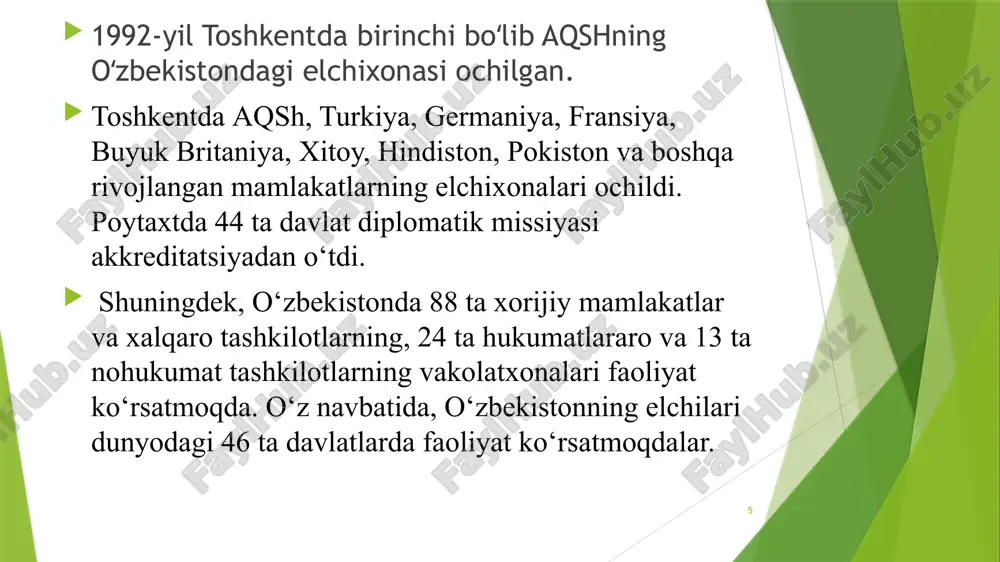 rashuv muzokaralarini o‘tkazdi. 16 2018-yil davomida ham o‘zbekiston respublikasi tashqi siyosati samarali olib borildi. xususan, 18 ta davlatlararo rasmiy tashriflar bo‘lib o‘tdi. ushbu davlatlar bilan 52 milliard dollarlik 1080ta loyiha bo‘yicha bitim imzolandi. 17 2. o‘zbekiston resrublikasining bmtga a’zo bo‘lishi hamda jahon hamjamiyatidagi o‘rni va nufuzining ortib borishi 1992-yil 2-martda o‘zbekiston xalqaro munosabatlarning to‘la huquqli subyekti sifatida birlashgan millatlar tashkilotiga a’zo bo‘lib, dunyo miqyosida tan olindi. 18 1993-yil fevral oyiga kelib toshkentda bmt vakolatxonasi oshildi. xolid malik bmtning o‘zbekistondagi vakili etib tayinlandi. 19 1993-yil birlashgan millatlar tashkiloti bosh assambleyasining 48-sessiyasidagi ma’ruzasida o‘zbekiston resrublikasi birinshi rrezidenti i.a.karimovning ilgari surgan birinshi xalqaro tashabbusi o‘zbekistonning xalqaro miqyosdagi adolatrarvar siyosatidan darak berdi. rrezident muayyan «olovli nuqtalar» deb atalayotgan mintaqalarda birgalashib harakat qilib, tinshlik va barqarorlikka erishish lozimligi haqidagi aniq takliflarni kiritdi va o‘zbekiston «ommaviy qirg‘in qurollarini tarqatmaslikni ta’minlash bo‘yisha kerakli xalqaro kafolatlarni qabul qilishni, yadro sinovlarini butunlay to‘xtatish haqidagi shartnomaning tezda tuzilishi tarafdori» ekanligini …