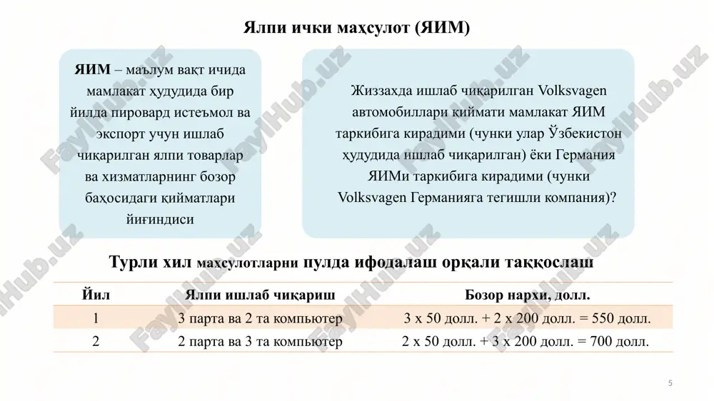 0 - - - 5 11 28 - - - 15 16 xorijiy korxonalar mahsuloti chet ellardagi milliy korxonalar mahsuloti milliy korxonalar mahsuloti 10 trln. so'm 6 trln. so'm 50 trln. so'm mamlakat ichidagi ishlab chiqarish m1 m3 m2 yaim yamd yaim=10+50=60 yamd=50+6=56 yaim va yamd o'rtasidagi tarkibiy nisbatlar 16 yaim miqdorini hisoblashdagi muammolar 17 nobozor faoliyati turlari uy bekalarining xizmatlari yoki o'z uyini ta'mirlash ishlari, xobbi bo'sh vaqt jahonda ish vaqti qisqarib, farovonlik ortib bormoqda. bo'sh vaqtda amalga oshirilgan ishlar hajmi yaimni hisoblashda e'tiborga olinmaydi mahsulotlar sifatining oshishi yaim miqdor ko'rsatkichi hisoblangani bois u mahsulotlar sifatining yaxshilanganligini aks ettirmaydi yashirin iqtisodiyot azartli o'yinlar, narkotiklar savdosi, o'g'irlangan tovarlarni sotish va h.k. qonuniy iqtisodiy faoliyat bilan shug'ullanib soliqlar to'lamaslik yaim va atrof-muhit atrof-muhitning ifloslanishi natijasida keltirilayot-gan zararlar miqdori yaim tarkibidan chiqarib tashlanmaydi. natijada yaim farovonlikni oshirib ko'rsatadi ishlab chiqarilgan mahsulot tarkibi va taqsimla-nishi yaim jamiyat uchun zarur tovarlar tarkibi qanday bo'lishi …