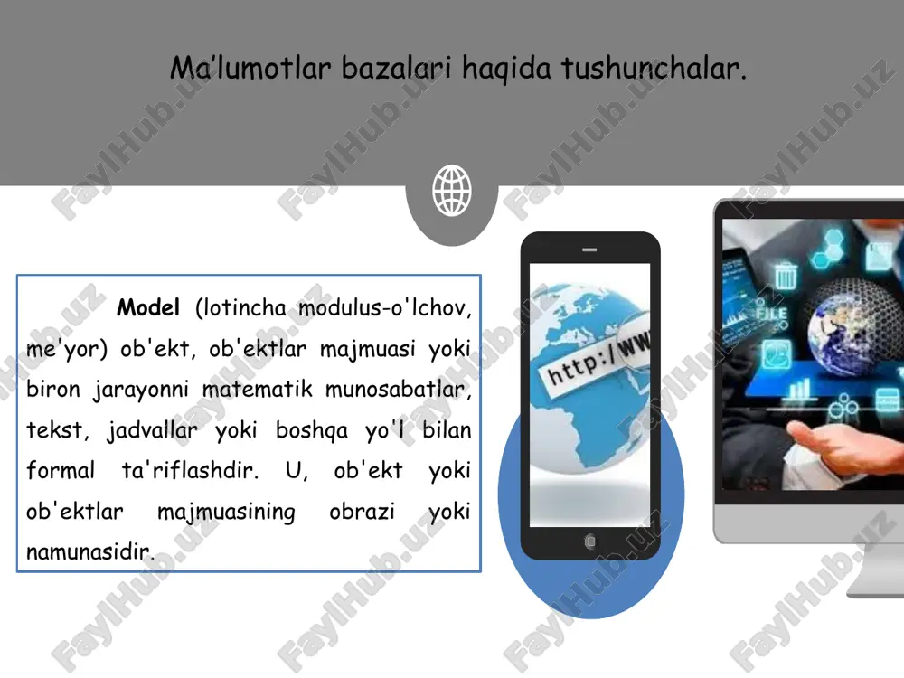 i vazifalarni bajaradi. forma – moga yangi ma’lumotlar kiritadi, yoki joriy modagi ma’lumotlar ustida foydalanuvchi uchun qulay bo’lgan turli-tuman shakldagi formalar yaratadi. hisobot—mo tarkibidagi ma’lumotlardan keraklisini bosmaga chiqaruvchi qog’ozdagi asosiy hujjat. 22 microsoft access dasturining ob’ektlari va rejimlari microsoft access dasturining muloqot ishchi oynasi 7 ta ob’yektdan iborat bo’lib, asosan shular bilan ish yuritiladi. sahifa– mo ni web saxifa ko’rinishida tashkil qilish. modul—visual basic dasturlash muxitida yozilgan dastur bo’lib, nostandart operatsiyalarni foydalanuvchi tomonidan bajarilishiga imkon yaratadi. makroslar- bir qator buyruqlar majmui asosida hosil bo’lgan makrobuyruq bo’lib, foydalanuvchi tomonidan jadval tuzishda juda qiyin hal qilinadigan jarayonlarni echadi. microsoft access da ma’lumotlar omborini hosil qilish va tahrirlashda formalardan foydalanish usullari formalar forma ma’lumotlarni kiritish uchun mo’ljallangan maydonlari bo’lgan elektron blank ko’rinishiga ega.bu maydonlarga kiritilgan ma’lumotlarbevosita mo ning jadvaliga qo’shiladi umuman olganda, forma hosil qilinmasdan ham ma’lumotlarni asosiy jadvalga kiritish mumkin. lekin jadvalga ma’lumotlarni forma orqali kiritish ancha qulaylik tug’diradi. jadvalga ma’lumotlarni kiritish …
