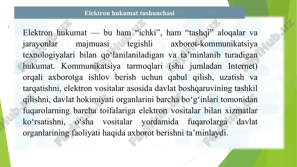 rlik sub’ektlari va axoliga davlat xizmatlarini ko‘rsatish qismida davlat tashkilotlarini biznes-jarayonlarni takomillashtirish axborot kommunikatsiya texnologiyalarini rivojlantirish va tadbiq etishning tizimli monitoringi axborot xavfsizligi ta’minlash markazi axborot tizimlari xavfsizligi va davlat organlari resurslarini ta’minlash axborot xavfsizligiga xatarlarni taxlili va tavsifi “elektron xukumat” tizimini axborot xavfsizligini takomillashtirish bo‘yicha qarorlarni ishlab chiqish “elektron hukumat”“ tizimini rivojlantirish markazining maqsad va vazifalari jahon tendensiyalari va xorijiy davlatlar tajribasining tahlil va tadqiqoti asosida “elektron hukumat” tizimini rivojlantirish va takomillashtirishni strategik yo‘nalishlarni ishlab chiqish. “elektron hukumat” tizimi loyihalarini amalga oshirishning me’yoriy-metodik ta’minlanishini tashkil qilish, davlat organlarida foydalanilayotgan axborot tizimlari, axborot resurslari va ma’lumotlar bazalarini ishlab chiqish va integratsiyalashda yagona texnologik yondashuvni ta’minlash. davlat xizmatlarini ko‘rsatish bilan bog‘liq bo‘lgan, innovatsion biznes jarayonlarini boshqarish mexanizmlarini joriy qilish, takomillashtirish va optimizatsiyalash bo‘yicha takliflar tayyorlash, davlat organlarining funksional va operatsion jarayonlari faoliyatini tizimli qayta tashkillashtirish. elektron hukumat” tizimi loyihalarini amalga oshirish doirasida yo‘naltirilgan indikatorlar va ko‘rsatkichlarni aniqlash, interaktiv davlat xizmatlarining samarali …
