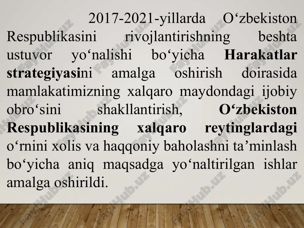 boʻyicha jamoatchilik fikri soʻrovnomalari, shuningdek, ijtimoiy va ilmiy tadqiqotlar natijalari; xalqaro reytinglar savolnomalari shaklida har bir indikator kesimida toʻliq va aniq ma’lumotlar, shu jumladan, statistik ma’lumotlar; tegishli reytinglar boʻyicha turli ijtimoiy soʻrovlarni oʻtkazish imkoniyati; tegishli xalqaro reyting metodologiyasi boʻyicha onlayn oʻqitish resursi; respondentlar tomonidan joylarda qonunchilik va huquqni qoʻllash amaliyotini yanada takomillashtirish boʻyicha takliflarni taqdim etish imkoniyati. inson huquqlari himoyasini kafolatlash, aholi turmush darajasini oshirish, iqtisodiy faoliyatda erkinlikni ta’minlash, sud-huquq sohasidagi moddiy va protsessual normalarni takomillashtirishga qaratilgan islohotlar mamlakatimizning xalqaro reyting va indekslardagi ko‘rsatkichlari oshishiga sabab bo‘lmoqda. jumladan, so‘nggi to‘rt yil mobaynida mamlakatimiz meros jamg‘armasining “iqtisodiy erkinlik” indeksida 52 pog‘onaga, jahon bankining “logistika samaradorligi” indeksida 19 pog‘onaga, “biznes yuritish” indeksida 18 pog‘onaga ko‘tarildi. o‘zbekiston iqtisodiy hamkorlik va taraqqiyot tashkilotining “mamlakatlarga xos xatarlarni tasniflash” tizimidagi 6-guruh mamlakatlari qatoridan 5-guruh mamlakatlari qatoriga ko‘tarildi. shu bilan birga, ayrim rahbarlar reytinglar bilan ishlashga yetarlicha e’tibor qaratmayotganligi va xalqaro tashkilotlar tomonidan o‘tkazilayotgan so‘rovlarda aksariyat islohotlar …