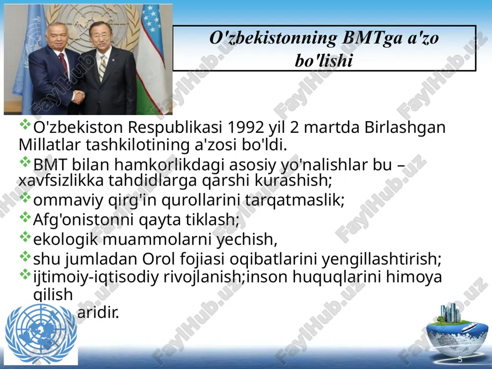 io tulkinlarini taqsimlash, rivojlanayotgan davlatlarga texnik yordam ko‘rsatishdan iborat. jahon metereologiya tashkiloti 1947 yilda tashkil etilgan, qarorgoxi jenevada. xalqaro metereologiya tashkilotining asosiy maqsadi metereologiya bo‘yicha xalqaro hamkorlikni tashkil etish, metereologiya xizmatining mukammallashib borishini ta’minlash va uning yutuklaridan aviatsiya, kishlok xujaligi, kemalar katnovida va boshqa sohalarda foydalanishdir. uning tezkor dasturi asosini bugun dunyo ob-havo xizmati tashkil etadi. xalqaro sud - bmtning asosiy sudlov organi. 1945 yilda tashkil topgan. davlatlar oʻrtasidagi yuridik nizolarni ularning roziligi bilan hal qiladi va huquqiy masalalar boʻyicha tavsiyaviy xulosalar beradi. 15 nafar sudyalardan iborat, ular bmt bosh assambleyasi va xavfsizlik kengashi tomonidan 9 yilga saylanadi. bmt ustavining ajralmas qismi hisoblanadigan statut asosida ish olib boradi. xalqaro sudi gaaga shahrida joylashgan o'zbekistonning yunesko bilan hamkorlik aloqalari "biz yunesko timsolida eng muhim insonparvarlik masalalarining echimiga ijodiy yondashishda harakatlantiruvchi kuch bo'lib xizmat qiladigan o'ziga xos betakror tashkilotni ko'ramiz” islom karimov 16 o'zbekiston 1993 yil 26 oktabrda yunesko bilan diplomatik aloqalar …