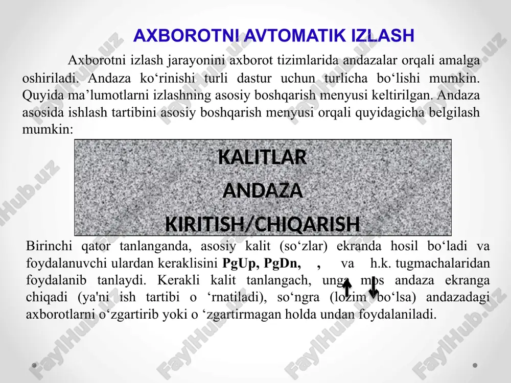 xarakteristikasi va qo'llanilishi boshqaruv axborot texnologiyalari biror maqsadni ko'zlab qaror qabul qiluvchi barcha shaxslarning axborotga bo'lgan ehtiyojini qondirish uchun hizmat qiladi. bu texnologiya asosan turli ko'rinishdagi hisobotlarni tayyorlash uchun yo'naltirilgan. doimiy hisobotlar o'rnatilgan jadval asosida tayyorlanib, hisobotning tayyorlangan vaqti bilan farq qiladi. boshqa hisobotlar esa boshqaruv organlarining so'rovi asosida tayyorlanadi. har ikkala hisobotlar: umumlashtirish, solishtirish va favqulodda formadagi hisobotlarni tayyorlashi mumkin. boshqaruv axborot texnologiyalari boshqaruvning axborot texnologiyasi maqsadi firmadagi qarorlar qabul qilish bilan aloqador bo'lgan xech bir istisnosiz barcha xodimlarning axborotga bo'lgan ehtiyojini qondirishdan iboratdir. u boshqaruvning barcha darajalarida foydali bo'lishi mumkin. boshqaruvning axborot texnologiyasi hisobotlarning xilma-xil turlarini tuzishga yo'naltirilgan. muntazam hisobotlar maxsus hisobotlar jamlovchi hisobotlarda qiyosiy hisobotlar favqulodda hisobotlar og'ishlar bo'yicha boshqaruv boshqaruv axborot texnologiyalari asosiy komponentlari ma'lumotlar bazasi operatsiyalardan so'ng hosil bo'lgan ma'lumotlar hisobotlar tayyorlash umumlash-tirish solishtirish favqulodda qaror qabul qiluvchi menejerlar uchun axborot operativ sathdagi axborot tizimidan olingan ma'lumotlar normativ xujjatlar ofisni avtomatlashtirish axborot texnologiyalari xarakteristikasi va …