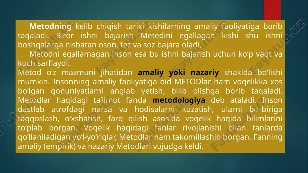 bajariladigan o‘quv ishi metodi; o‘quvchilarning mustaqil ishlari metodi. iv. o‘quvchilarning mustaqil faolliklari darajasi bo‘yicha: izohli-illyustrativ metod; reproduktiv metod: bilimlarni muammoli bayon qilish metodi; qisman izlanish va tadqiq qilish metodi. i. og‘zaki, ko‘rsatmali va amaliy metodlar 1) og‘zaki metodlar – qisqa muddat ichida hajmi bo‘yicha eng ko‘p ma’lumotlarni berish, o‘quvchilar oldiga muammolar qo‘yish, ularni hal qilish yo‘llarini ko‘rsatish imkonini beradi. bu metodlar o‘quvchilarning abstrakt tafakkurlarining rivojlanishiga sharoit yaratadi. a) tushuntirish. bilimlarni tushuntirish metodining mohiyati shundan iboratki, bunda o‘qituvchi materialni bayon qiladi, o‘quvchilar esa uni, ya’ni bilimlarni tayyor holda qabul qilib olishadi. materialning bayoni aniq, tushunarli, qisqa bo‘lishi kerak. boshlang‘ich matematika kursining bir qator masalalarini qarashda bilimlarning izchil bayoni zarur. misollar: 1. ko‘p xonali sonni bir xonali songa yozma bo‘lish algoritmi o‘qituvchining bilimlarni tushuntirish metodidan ma’lumotlar to‘g‘rsidagi nazariy materiallar ishlatish bo‘yicha yo‘l-yo‘riq berishda foydalaniladi. b) suhbat bu eng ko‘p tarqalgan va yetakchi o‘qitish metodlaridan biri bo‘lib, darsning har xil bosqichlarida, har xil …