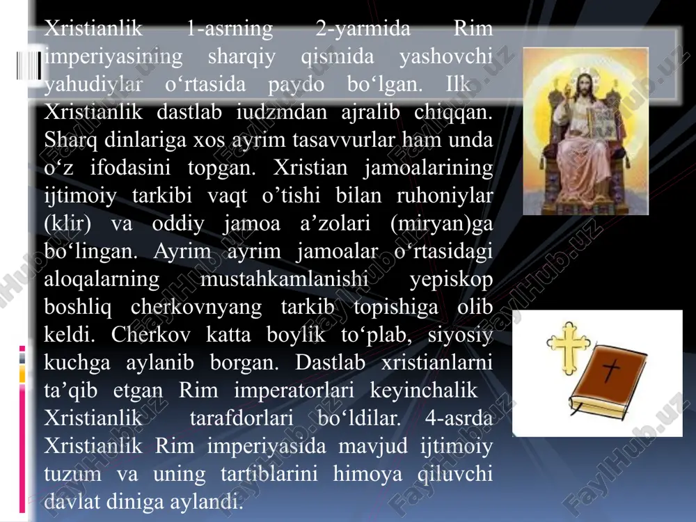 siri kuchli boʻlgan. imperator ashoka (miloddan avvalgi 3-asr) davrida buddizm kuchli mustaqil din sifatida shakllandi. 9 asr muvaffaqiyatli faoliyat koʻrsatgan buddizm hindistonda inqirozga yuz tuta boshladi va pirovardida bu yerda uning oʻrnini xinduizm toʻliq egalladi. ammo buddizm shri lanka, jan.sharkiy osiyo va markaziy osiyo orkali xitoy, koreya, yaponiya va tibetga yoyilib ulgurgan edi. shri lanka va jan.sharqiy osiyoning materik qismida b.uddaviylik txeravadasi (qad. anʼanalarga sodiqlik), xitoy, koreya, yaponiya va tibetda esa maxayana (yangicha yondashuvlar) tarkaldi. 15-asrda osiyo qitʼasida paydo boʻlgan yevropaliklar buddizm bilan tanishdilar. e'tiboringiz uchun rahmat!!! image2.png image3.png image4.png image5.png image6.png image7.png image8.png image9.png image10.png image11.jpeg image12.jpeg image13.jpeg image14.jpeg image15.png image16.png image17.png image18.png image19.jpeg image20.jpeg image21.jpeg image22.jpeg image23.jpeg /docprops/thumbnail.jpeg