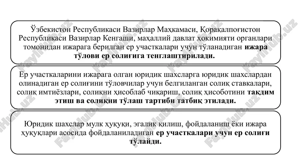 lashtirish ahamiyatiga molik erlar – tegishli muassasalar va tashkilotlarga doimiy foydalanishga berilgan, profilaktika hamda davolash ishlarini tashkil etish uchun qulay tabiiy shifobaxsh omillarga ega bo'lgan er uchastkalari; 7) rekreatsiya ahamiyatiga molik erlar – aholining ommaviy dam olishi va turizmini tashkil etish uchun tegishli muassasalar hamda tashkilotlarga berilgan er uchastkalari; 8) tarixiy-madaniy ahamiyatga molik erlar – tegishli muassasalar va tashkilotlarga doimiy foydalanishga berilgan moddiy madaniy meros ob'ektlari, xotira bog'lari egallagan er uchastkalari; 9) gidrometeorologiya va gidrogeologiya stantsiyalari hamda postlari egallagan erlar; 10) yuridik shaxs balansida bo'lgan va fuqaro muhofazasi hamda safarbarlik ahamiyatiga molik alohida joylashgan ob'ektlar egallagan erlar; 11) kommunal-maishiy ahamiyatga molik erlar (dafn etish joylari, maishiy, qurilish va boshqa chiqindilarni yig'ish, qaytadan ortish va saralash joylari, shuningdek chiqindilarni zararsizlantirish hamda utilizatsiya qilish joylari); 12) ko'p kvartirali uylar egallagan erlar, bundan yashash uchun mo'ljallanmagan ko'chmas mulk ob'ektlari egallagan er uchastkalari mustasno; 13) suv fondi; 14) zaxiralar. quyidagilar soliq bazasidir(sk-427-modda) - qishloq …