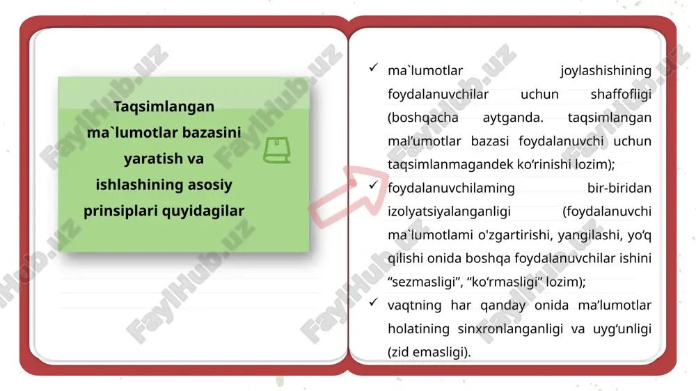 ngimkoniyatlarini oshirish, muommolarga muqobil yechimlar izlab topish imkoniniyaratadi. katta ma’lumotlarni (big data) qayta ishlash texnologiyalari. reaktiv dvigatel hosil qiladi 10 terabayt parvoz paytida har 30 daqiqada ma'lumotlar. har kuni minglab parvozlar bo'lganligi sababli, ma'lumotlar miqdori petabaytlarga etadi. katta ma'lumotlarga misollar nyu-york fond birjasi har kuni hosil qiladi 1 terabayt oxirgi sessiyadagi savdolar to'g'risidagi ma'lumotlar. ijtimoiy tarmoqlar: statistika shuni ko'rsatadiki, facebook ma'lumotlar bazalari har kuni yuklanadi 500 terabayt yangi ma'lumotlar asosan ijtimoiy tarmoq serverlariga fotosuratlar va videolarni yuklash, xabar almashish, postlar ostidagi sharhlar va boshqalar tufayli hosil bo'ladi. katta ma’lumotlarni (big data) qayta ishlash texnologiyalari. big data odatiy bosh informasion mutaxassis (chief information officer - cio) uchun qo´shimcha vazifalar va talablar yaratishdan tashqari, yangi ma´lumot boshqaruvchisi (data steward) va ma´lumot bo´yicha mutaxassis (data scientist) kabi kasblarning paydo bo´lishiga olib keldi. informasion mutaxassis (chief information officer - cio) ma´lumot boshqaruvchisi (data steward) ma´lumot bo´yicha mutaxassis (data scientist) big data (katta ma'lumotlar) ning …