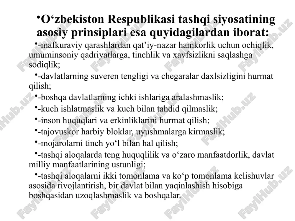 si milliy komissiyasi tashkil etildi. 1995-yil iyul oyida yunesko qaroriga binoan samarqandda markaziy osiyo tadqiqotlari xalqaro instituti tashkil etildi. yunesko bosh direktori federiko mayorning o‘zbekistondagi rasmiy tashrifi chog‘ida 1995-yil iyul oyida mazkur institut ochildi. mustaqil davlatlar hamdo’stligi tashkiloti mdhning ichki tuzilmaviy organlari: davlat boshliqlari kengashi; hukumat boshliqlari kengashi; tashqi ishlar vazirlari kengashi; davlatlaro iqtisodiy qo’mita; parlamentlaro assambleya; muvofiqlashtiruvchi maslahat qo’mitasi shtab-kvartirasi belorussiya minsk shahri va rossiy fr moskva a'zolari 11 a'zo davlatlar: (ozarbayjon, armaniston, belorussiya, moldaviya, qozog`iston, qirg`iziston, rossiya, tojikiston, turkmaniston, o`zbekiston, ukraina) 2 kuzatuvchi davlatlar: (mo’g’uliston, afg’oniston) rasmiy tillari rus ijro etuvchi kotib sergey lebedev tashkil etilgan sanasi 1991 yil 8 dekabr a’zo davlatlarning aholisi 283 mln. kishini tashkil etadi. umumiy ma’lumotlar: 1991-yil dekabrda o’zbekiston mdhga a’zo bo’ldi. o’zbekiston o’z milliy manfaatlaridan kelib chiqqan holda mdhda ishtirok etmoqda. u mdhga davlatlar ustidan tuzilgan tashkilot emas, balki mustaqil davlatlarning harakatini muvofiqlashtiruchi organ sifatida qaraydi. mdh hududida davlatlarning teng huquqliligi asosida …