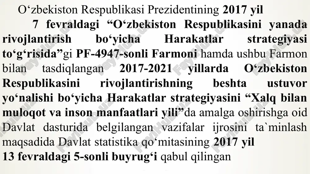 un 6 ta prezident qarori 2 ta davlat dasturi 5 ta vm qarori orol fojiasining oqibatlarini yumshatish; xavfsizlik, diniy bag‘rikenglik va millatlararo totuvlikni ta'minlash kiberxavfsizlik sohasida axborot, normativ-huquqiy asoslar tizimini takomillashtirish; xalqaro harbiy va harbiy-texnik hamkorlik sohasidagi amaldagi normativ-huquqiy va shartnomaviy bazalarni tahlil qilish; ushbu sohada xorijiy sheriklar bilan ikki tomonlama hamkorlikni yanada rivojlantirish bo‘yicha ustuvor yo‘nalishlarni belgilab olish va takliflar tayyorlash; millatlararo munosabatlar sohasidagi siyosatning ustuvor yo‘nalishlari konsepsiyasini va diniy sohadagi davlat siyosati konsepsiyasini ishlab chiqish. o‘zbekiston respublikasining 2017 yilga mo‘ljallangan tashqi siyosiy va tashqi iqtisodiy faoliyati strategiyasining loyihasini ishlab chiqish; vazmin, o‘zaro foydali va konstruktiv tashqi siyosatni amalga oshirish o‘zbekistonning xalqaro miqyosdagi ijobiy nufuzini keng targ‘ib qilish bo‘yicha kompleks chora-tadbirlarni tayyorlash, tasdiqlash va amalga oshirilishini ta'minlash; qo’shni davlatlar bilan davlat chegaralarini huquqiy rasmiylashtirish bo‘yicha muzokaralar jarayonini davom ettirishni nazarda tutuvchi davlat chegaralarini delimitatsiya va demarkatsiya qilish masalalari bo‘yicha 2017 yilga mo‘ljallangan tadbirlar rejasini ishlab chiqish; xalq diplomatiyasini faollashtirish, …