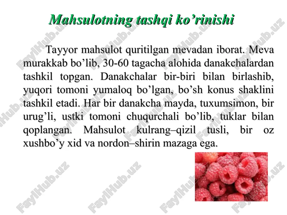 lari yuqorilashgan sari kichiklashib borib, yuqorisidagilari lantsetsimon bo’lib, bandsiz joylashgan. gullari shingil. kosacha bargi, tojbargi 4 ta, to’q sariq. mevasi chiziqsimon, ingichka, pishganda ochiladigan 7-12mm uzunlikdagi qo’zoq. urug’i mayda, yumaloq, och sariq yoki qo’ng’ir rangda. qora xantal tojbargining och sariqligi, to’rt qirrali, o’tkir uchli, urug’ining mayda va to’q qizil, qo’ng’ir rangli bo’lishi bilan sarept xantalidan farq qiladi. mahsulotning tashqi ko’rinishi tayyor mahsulot har ikkala o’simlikning urug’idan iborat. sarept xantali urug’i sharsimon, ustki tomoni chuqurchali (lupada ko’rish mumkin), och sariq yoki qo’ng’ir rangli bo’lib, diametri 1,2 mm. qoraxantal urug’ini farqi: diametri 1 mm (kichikroq) va rangi to’q qizil -qo’ng’ir. tarkibida sinigrin glikozidi bo’ladi. sinigrin urug’ tarkibidagi mirozin fermenti ta'sirida glyukoza, kaliy bisulfat va allilizo-tiotsianatga (xantal efir moyiga) parchalanadi. fermentatsiya jarayoni o’tkazilgan urug’dan xantal efir moyini suv bug’i yordamida haydab olish mumkin. xantal urug’i tarkibida 1,17-2,89% efir moyi bor. urug’da yana 23-47% yog’ va 26% gacha oqsil moddalar bor. kimyoviy tarkibi ishlatilishi. …