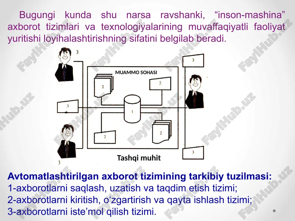 ishda loyihalashga ajratilgan vaqtni bir necha barobar qisqartirishi; 3) uskunaviy vositalar o‘zgaruvchan talablarga nisbatan egiluvchan bo‘lishi; 4) uskunaviy vositalar jamoa bo‘lib ishlash tartibini qo‘llab-quvvatlashi lozim. axborot tizimlarining hayot sikli modellari. standart axborot tizimlarini loyihalashtirish metodologiyasining bazaviy tushunchalaridan biri – uning foydalanish davridir. axborot tizimining foydalanish(yashash) davri uzluksiz jarayonni ifoda etib, axborot tizimlarining yaratilishi haqida qaror qabul qilinishidan boshlab va uni ishlatilishidan voz kechish daqiqasigacha bo‘lgan davr xisoblanadi. axborot tizimlarini yaratish jarayonida ma’lum amal va vazifalar bajarilishi kerak. berilgan davlat standartiga muvofiq axborot tizimining yashash (faoliyat ko‘rsatish) davri tarkibi uch guruh jarayonlariga asoslanadi: yashash davrining asosiy jarayoni (o‘zlashtirish, etkazib berish, ishlab chiqish, foydalanish, kuzatib borish); asosiy jarayonlarni bajarilishini ta’minlab beruvchi yordamchi jarayonlar (xujjatlashtirish, konfiguratsiyani (tuzilishini) boshqarish, sifatini ta’minlash, verifikatsiya (taqqoslash), attestatsiya, baholash, audit, muammolarni hal qilish); tashkillashtirish jarayonlari (loyihani boshqarish, loyihani infrastrukturasini yaratish, foydalanish davrining o‘zini aniqlash, baholash va yahshilash, o‘qitish). foydalanish davri modeli. foydalanish davri modeli deganda bajarish ketma-ketligi va …