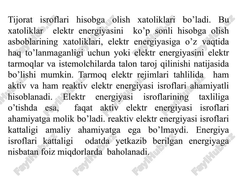 di, bu vaqt ichida tarmoqda bo’ladigan elektr energiyasi isroflari ko’rib chiqilayotgan t davr ichida haqiqiy yuklamalar rejimida bo’lgan elektr energiyasi isroflariga teng bo’ladi deb qabul qilinadi. tarmoqning haqiqiy yuklama rejimini sun’iy ravishda olingan o’zgarishsiz eng katta yuklama bilan bunday almashtirilishi quyidagi tenglamani yozish imkonini beradi: δ w =3r τ, δ w = = • τ bu yerda: iek –katta tok; sek –eng katta quvvat. bundan eng katta isroflar vaqti quyidagicha aniqlanadi: τ = yoki τ = eng katta isroflar vaqti bilan yuklama grafiklarining turli xarakterli parametrlari, masalan eng katta yuklamadan foydalanish vaqti, quvvat koeffitsienti, eng kichik yuklamani eng katta yuklamaga nisbati va boshqalar bilan bog’lanish larini aniqlash mumkin bo’ladi. bunday bog’lanishni aniqlash uchun maxsus izlanishlar olib borilishi mumkin, bunda iste’molchilarningeng xarakterli rejimlarini ifodalovchi turli yuklama grafiklari qabul qilinadi. bunday izlanishlarga asoslanib turli xil empirik bog’lanishlar taklif qilinadi. masalan eng katta isroflar vaqti va eng katta to’la quvvatdan foydalanish vaqti orasidagi …
