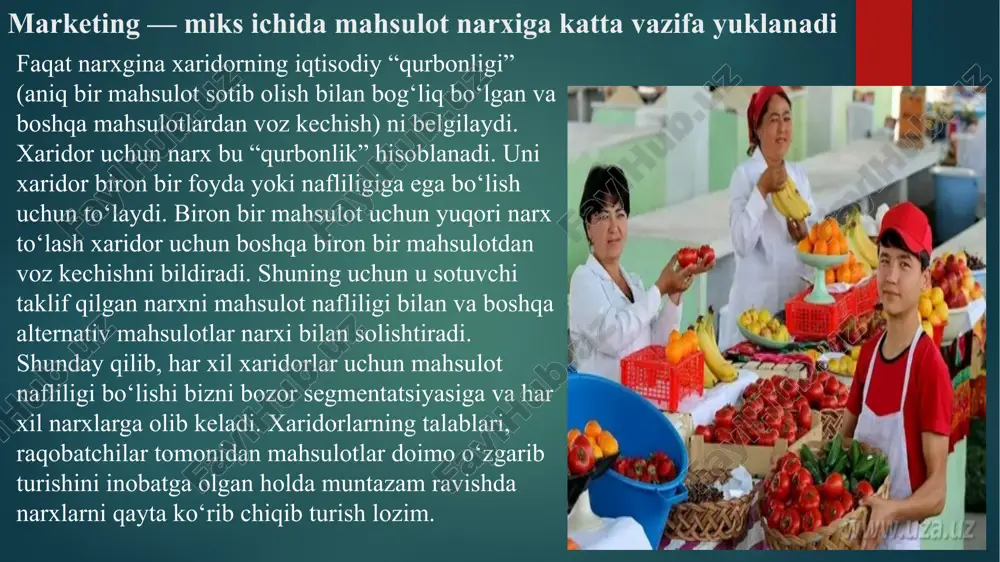 (shartnoma kelishuviga ko‘ra). sirpanuvchi narx - bu qoidaga ko‘ra uzoq muddatda tayyorlanadigan mahsulotga belgilangan narx (masalan, kema). shartnoma tuzilayotganda unda qayd etilgan narx ikkala tomonning kelishuviga ko‘ra o‘zgarishi mumkin. vaqt omilini hisobga olgan holda doimiy va vaqtinchalik (mavsumiy) narxlar farqlanadi. doimiy narx - bu amal qilish muddati kelishilmagan narx. vaqtinchalik (mavsumiy) narx - bu vaqtning ma’lum davrida (mavsumda) amal qiluvchi narx. mahsulotning (xizmatning) narxi va qadrliligi o‘rtasidagi aloqa mahsulot / xizmat narx xaridorning didi va istaklari xaridor tomonidan qabul qilingan mahsulotning (xizmatning) qadrliligi xaridorning mahsulotni xarid qilishga tayyorligi boshqa marketing vositalari xaridorning moliyaviy ahvoli mukammal raqobat bozorining asosiy xususiyatlari quyidagilardan iborat: 1. bozorda ushbu mahsulotlarning ko'plab sotuvchilari va xaridorlarining mavjudligi; 2. har bir korxonaning ishlab chiqarish ko'lami juda kichik, shuning uchun u ushbu mahsulot narxini belgilashga ta'sir qila olmaydi; 3. ishlab chiqarishni tashkil etish kichik kapitalni talab qiladi; shuning uchun mukammal raqobat sharoitida kapitallar berilgan filialga erkin kirishi va chiqishi …