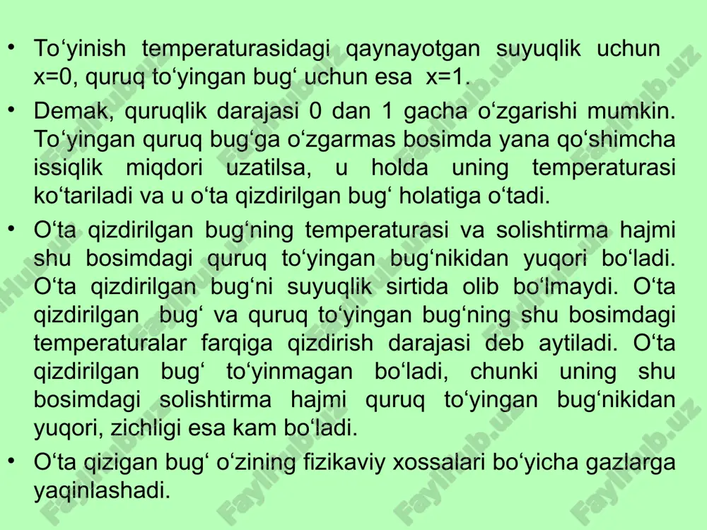 ik hisobiga ish bajaradi. b nuqtada issiqlik manbai tsilindrdan ajratib qo`yiladi va sistema termik izolyatsiyalanadi (tsilindrning tubi ideal issiqlik izolyatsiya materiali bilan qoplanadi). ikknnchi protsess-adiabatik kengayish. gaz tashqi muhit bilan issiqlik almashmay bs chiziq bo`yicha kengayadi, porshen siljiydi va gaz o`zining ichki energiyasi hisobiga ish bajaradi. bunda temperatura va bosim pasayadi. sistemaning temperaturasi sovitkichning temperaturasi t2 ga yetgach, porshenning harakati s nuqtada to`xtaydi. shundan keyin tsilindr sovitkich bilan termik kontaktga keltiriladi va uchinchi protsess boshlanadi. uchinchi protsess-izotermik siqilish. porshen dastlabki holatiga shunchalik sekin qaytadiki, gaz sovitkich temperaturasida issiqlikni uzatadi. bunda tashqi kuchlar gaz ustidan ish bajaradi. uning hajmi kamayadi. temperaturasi o`zgarmay protsess, bosimi esa ortadi. d nuqtada sistema termik izolyatsiya qilinadi. e'tiborlaringiz uchun rahmat! h, kj kg s, kj kg. k