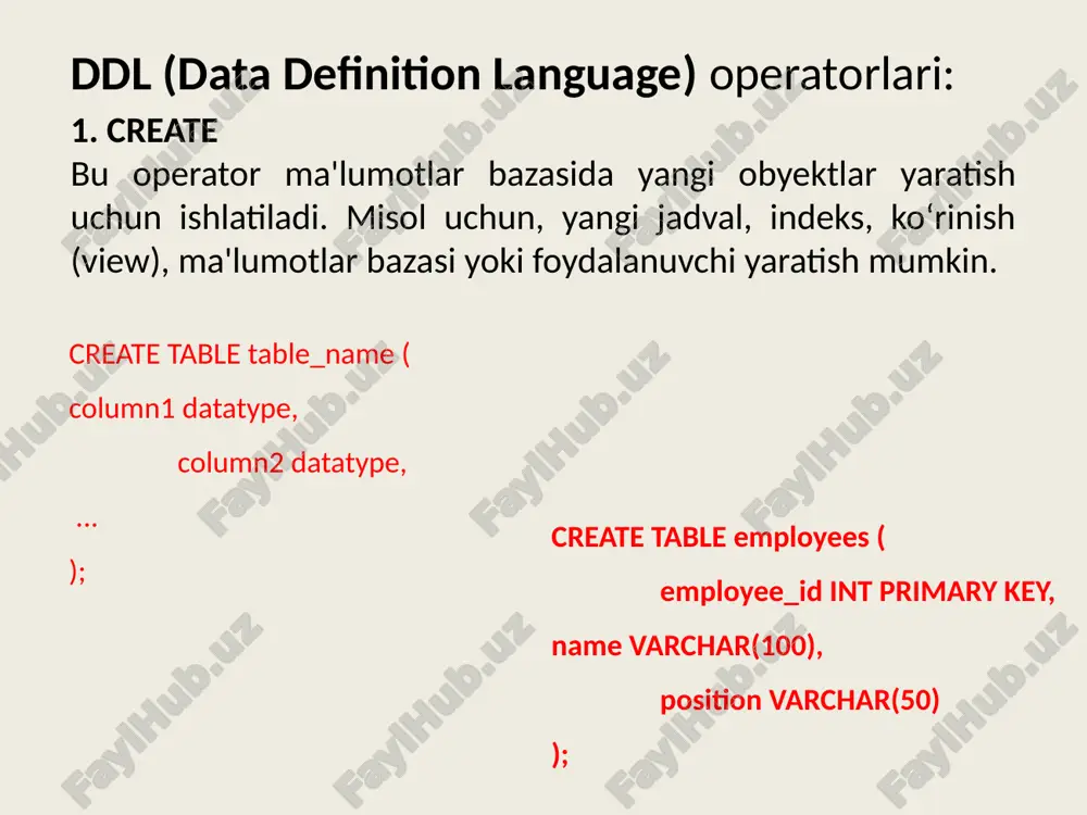 sh tili) operator ma`nosi amal create table jadval yaratish mb da yangi jadval yaratish drop table jadvalni o`chirish mb dan jadvalni o`chirish alter table jadvalni o`zgartirish mavjud jadval tuzilmasini o`zgartirish yoki joriy jadval uchun o`rnatilgan butunlik cheklanishlarini o`zgartirish create view tasvir yaratish biror sql –so`roviga mos virtual jadvalni yaratish sql operatorlarini yozish 2 jadval. ma`lumotlarni boshqarish operatorlari dcl (data control language) – ma`lumotlarni boshqarish tili operator ma`nosi amal alter database mb ni o`zgartirish butun mb ga tegishli bo`lgan ob`ektlar va cheklanishlar to`plamini o`zgartirish alter dbarea mb saqlash sohasin o`zgartirish avval yaratilgan saqlash sohasini o`zgartirish alter password parolni o`zgartirish butun mb parolini o`zgartirish create database mb yaratish barcha parametrlarini ko`rsatgan holda yangi mb ni yaratish create dbarea saqlash sohasini yaratish yangi saqlash sohasini yaratish va unda ma`lumotlarni joylashtirishga ruxsat etish drop database mb ni o`chirish mavjud mb ni o`chirish (bunday amal bajarish vakolatiga ega bo`lgan foydalanuvchilar uchun) drop dbarea mb saqlash …