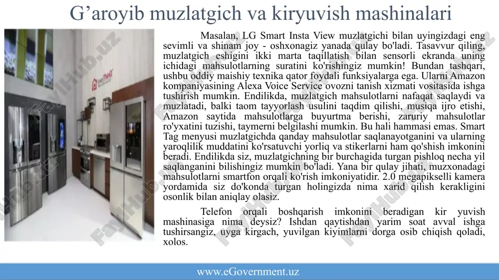aqin o'n yilliklarda elektromobillar, uylardagi quyosh panellari sohasiga katta yutuqlarga erishiladi. neft kompaniyalarining rahbariyati bundan norozi bo'lishi mumkin. www.egovernment.uz mobil 5g ma’lumotlar uzatish dasturi bugungi kunda jahonda faqat 4g tarmog'i faol, ko'proq aqshda rivojlanmoqda - qolgan mamlakatlarda 3g amal qiladi. 5g esa rivojlanish bosqichida bo'lib, yaqin orada faol foydalanish fazaziga kirmoqda (texnologiya bir joyda turmaydi, axir). faqatgina 10 yil mobaynida 3g’dan 4g'ga o'tildi. 4g’dan 5g'ga o'tishga ko'p vaqt talab etilmasa kerak. www.egovernment.uz sun’iy intellekt hozirda mashhur ibm laboratoriyalarida ishlab chiqilgan watson qanday ishlashini ko'r-ganingizda edi, shunda sun’iy intellekt sohasida ganday yutuqlarga erishilgani hagida bilgan bo'lardingiz - aslida, bu boradagi ishlar boshlang'ich bosgichda xolos. oldinda uzoq bosib o'tilishi kerak bo'lgan yo'l mavjud, biroq kontekstual texnologiyalar evaziga (siri, google now yoki cortana kabi), bunday dasturlarni yanada yaxshiroq tuzishni o'rganmoqdamiz. robotlar inson harakatlarini oldindan xabar qilishi va ularga to'g'ri ta'sirlana oladi. ko'p vaqtlar o'tib, fikrlay oladigan, hech bo'lmaganda shunday qiyofali robot yaratilishi mumkin. …
