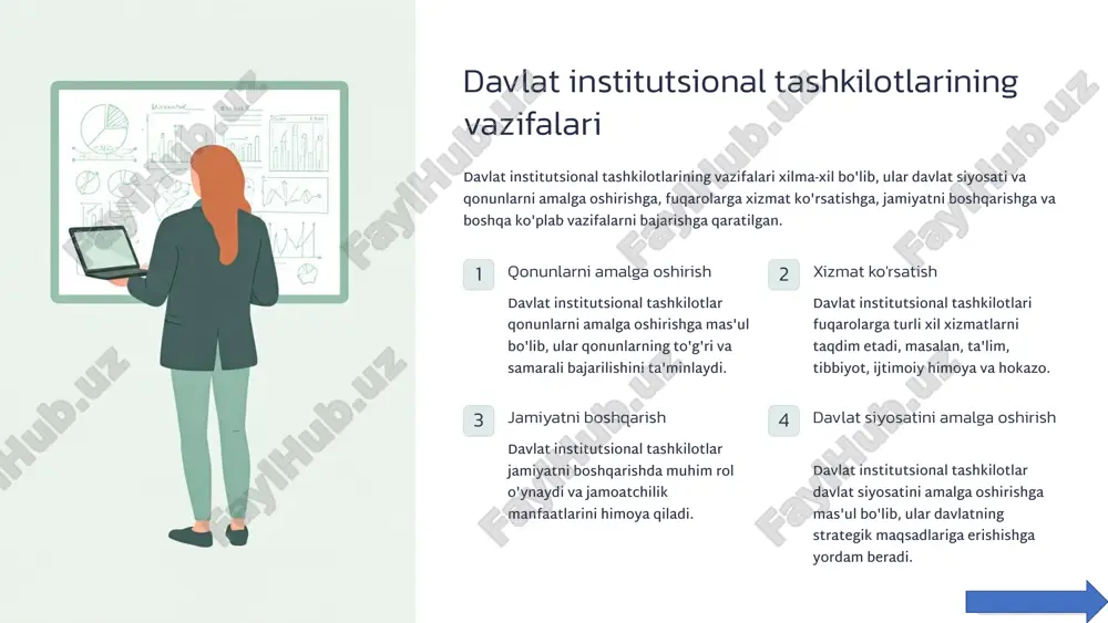 nfratuzilmasi bazasida shakllanadi; o‘lchash standartlarini ishlab chiqish: davlatning ushbu yo‘nalishdagi faoliyati almashinadigan tovar va xizmatlar sifatini o‘lchash xarajatlarini pasaytirish imkonini beradi, yanada keng ma’noda esa universal chora-tadbirlar jumlasiga davlat tomonidan pul muomalasining tashkil etilishi ham kiradi, chunki almashuvning universal tadbir – pulning eng muhim vazifalaridan biri; tovar va xizmatlar bilan jismoniy almashish tarmoqlari va mexanizmlarini barpo etish: bozor infratuzilmasi nafaqat axborot bilan almashish tarmoqlari, balki tovar va xizmatlarning jismoniy harakatlanishi tarmoqlari (transport tarmoqlari, savdolar uchun uyushgan maydonchalar va h.k.)ni o‘z ichiga oladi; huquqni muhofaza qilish faoliyati va nizolarda «uchinchi» tomon rolini bajarish: shartnomalarni bajarishda kutilmagan holatlarning paydo bo‘lishi sharnoma tomonlarining ulardan opportunistik foydalanishidan kafolatlash uchun «uchinchi» tomon (sud)ning aralashuvini talab etadi; sof ijtimoiy farovonlikni yaratish «chiptasiz» muammosini keltirib chiqaradi, bu uni moliyalash uchun davlat tomonidan majburlov choralaridan foydalanishni talab etadi (birinchi navbatda mudofa, keyin sog‘liqni saqlash va ta’lim singari ijtimoiy farovonlikni yaratish). davlat rivojlanishining yuqorida keltirilgan bosqichlariga davlat tuzilishining quyidagi …