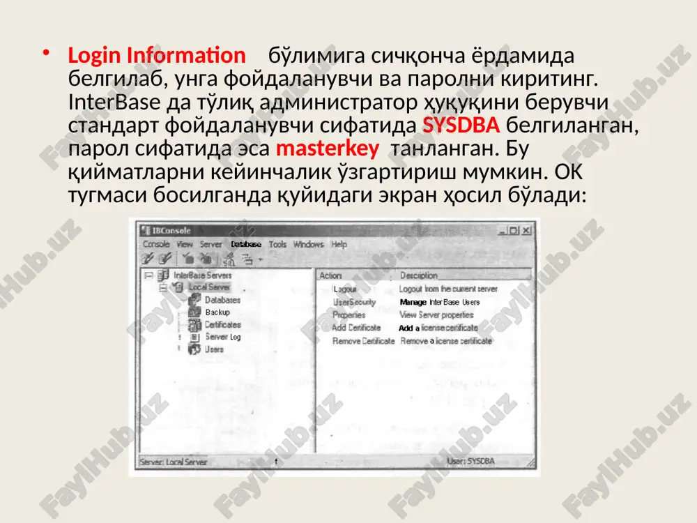 able [sotrudniki] employees jadvalini yaratish create table employees( id int, name nvarchar(30), birthday date, email nvarchar(30), position nvarchar(30), department nvarchar(30) ) employees jadvali ustunlarini o’zgartirish -- id ustunini o’zgartirish alter table employees alter column id int not null -- name maydonini o’zgartirish alter table employees alter column name nvarchar(30) not null oracle mbbtda jadval yaratish create table employees( id int, name nvarchar2(30), birthday date, email nvarchar2(30), position nvarchar2(30), department nvarchar2(30) ); oracle mbbtda jadvalni o’zgartirish -- id va name maydonlarini o’zgartirish(bu yerda alter column orniga modify(…) ishlatilyapti) alter table employees modify(id int not null, name nvarchar2(30) not null); -- birlamchi kalitni qo’yish alter table employees add constraint pk_employees primary key(id); image1.png image2.png image3.png image4.png image5.png image6.png image7.png image8.png /docprops/thumbnail.jpeg