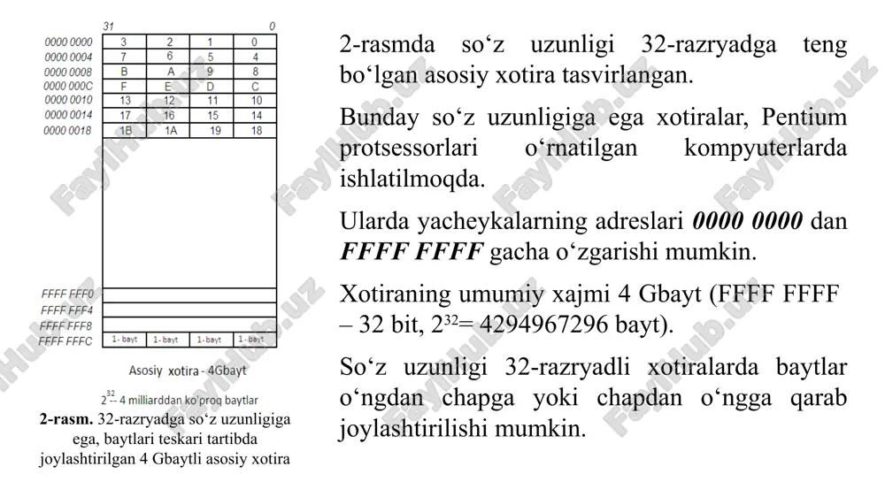 rom mikrosxemalari qimmatqoq, ammo ko’p marta qayta dasturlash imkoniyatlari ko’pincha hal qiluvchi ahamiyatga ega. eeprom mikrosxemalari. ko’p marta dasturlanadigan xotiraning yanda o’ziga xos varianti elektr bilan o’chiriladigan doimiy xotira eeprom hisoblanadi. bu xotiraga ma’lumotlarni yozish va o’chirish baytlar bo’yicha amalga oshiriladi, o’chirish esa alohida jarayon emas, balki yozish vaqtida avtomatik amalga oshadigan bosqichdir. yozish operatsiyasi o’qishga qaraganda sezilarli darajada ko’proq vaqt talab etadi – har bir bayt uchun yuzlab mikrosekund. mikrosxemada eprom kabi bir xil ma’lumotlarni saqlash prinsipi qo’llaniladi. eprom ni dasturlashda maxsus programmator kerak emas va u mikrosxemaning o’zida amalga oshiriladi. umuman olganda, eeprom lar eprom ga qaraganda qimmatroq va mikrosxema yaycheykalarning zichroq to’plamiga ega ya’ni kamroq hajmga ega. flesh-xotira. flesh-xotira – bu elektr energiyaga bog’liq bo’lmagan qayta dasturlanadigan yarim o’tkazgichli xotira. flash so’zi «tez, bir zo’mda» kabi tarjima qilinishi mumkin va qayta dasturlashning nisbatan yuqori tezligini ta’kidlaydi. birinchi marta 1984 yilda toshiba kompaniyasi tomonidan e’lon qilingan flesh-xotira ko’plab …