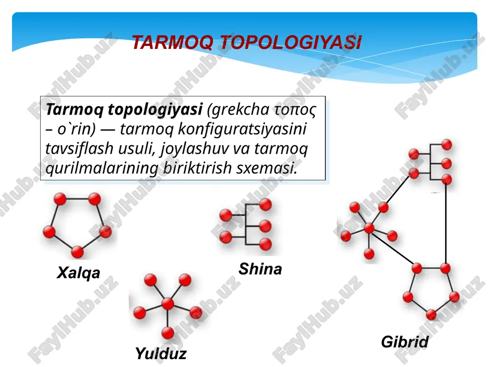 i qatorida qiymati yuqoriligi va ulash murakkabligini ko`rsatish mumkin. 17 internet tarmog`ining rivojlanish tarixi internet - bu yagona standart asosida faoliyat ko`rsatuvchi jahon global kompyuter tarmog`idir. uning nomi «tarmoqlararo» degan ma’noni anglatadi. u mahalliy (lokal) kompyuter tarmoqlarni birlashtiruvchi axborotlashgan tizim bo`lib, o`zining alohida axborot maydoniga ega bo`lgan virtual to`plamdan tashkil topadi. internet, unga ulangan tarmoqqa kiruvchi barcha kompyuterlarning o`zaro ma’lumotlar almashish imkoniyatini yaratib beradi. internet tarmog`ining rivojlanish tarixi 1964- yili 4 tarmoqdan iborat aqsh ning eng nufuzli tekshirish institutlarida joylashgan arpanet tarmog`i yaratildi. boshida olimlarning tadqiqot ishlarida foydalanilgan tarmoq, keyinchalik ularning safsata sotishning kompyuterlashgan zanjiriga aylanadi. ammo shunday tarmoq yaratishning o`zi katta muvaffaqiyat edi. 70-yillarda tarmoq ancha o`sdi. endi tarmoqning tuzilishi unga xoxlagan kompyuterlarni ulash imkoniyatini berdi. keyinchalik 1974-yilda tarmoqlarni birlashtiruvchi tcp/ip protokoli tuzildi va tarmoqning rivojlanishiga turtki bo`ldi. chunki tarmoqqa ixtiyoriy kompyuterni ulash imkoniyati paydo bo`ldi. 1983-yilda arpanet-internet deb atala boshlandi va juda kuchli, bir-biri bilan bog`langan kompyuterlar va …