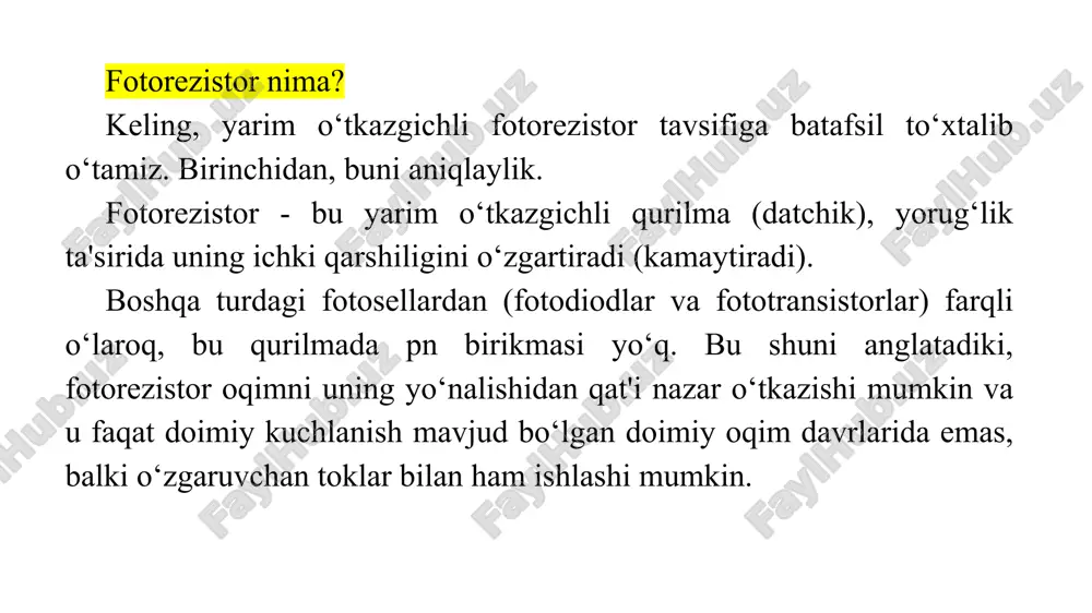 yorug‘lik darajasini aniqlash, sirtdagi oq yoki qora joylarni aniqlash va shunga muvofiq chiziq bo‘ylab harakatlanish yoki boshqa harakatlarni bajarish imkonini beradi. modelni yig‘ish uchun bizga quyidagilar kerak: arduino platasi 6 ta sim "papa-papa" fotorezistor yorug‘lik chiqaruvchi diod 220 omli qarshilik 10 kom qarshilik arduino veb -saytidan yuklab olish mumkin bo‘lgan arduino ide dasturi. modelning arduinoga ulanish sxemasi: modelning arduinoga ulanish sxemasi quyidagicha: mustaqil ishlash uchun topshiriqlar: 1. ma’ruzaning nazariy materialini o‘rganish. 2. bundan tashqari ishlatilgan internet -resurslarni o‘rganing. 3. arduinosxemalarini o‘zingiz ulang. 4. arduino ideda mustaqil ravishda bu ish uchun dastur yozing. havolalar 1. https://www.asutpp.ru/fotorezistor.html 2. https://arduinomaster.ru/datchiki-arduino/photorezistor-arduino-datchik-sveta/ 3. https://arduinoplus.ru/kak-ispolzovat-fotorezistor/ 4. https://www.youtube.com/watch?v=xjv2dq14z04&t=136s 5. http://edurobots.ru/2014/05/arduino-fotorezistor/ 6. https://arduinomaster.ru/datchiki-arduino/photorezistor-arduino-datchik-sveta/ 7. https://arduinoplus.ru/kak-ispolzovat-fotorezistor/ thank you that you took the time to watch image1.png image2.png image3.jpeg image4.jpeg image5.jpeg image6.jpeg image7.png image8.jpeg image9.jpeg image10.jpeg image11.jpeg image12.jpeg image13.jpeg image14.png image15.jpeg image16.jpeg image17.jpeg image18.png image19.png /docprops/thumbnail.jpeg