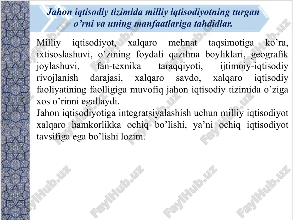 ivojlanmaganligi qonunchilikning rivojlanmaganligi, huquqiy intizomning sustligi moliyaviy va shartnomaviy intizomning pastligi foydali qazilma boyliklaridan foydalanish darajasining pastligi mamlakat ilmiy-texnika salohiyati ahvolining yomonlashuvi ichki bozorlardan milliy tovarlarni chet el tovarlari tomonidan siqib chiqarish iqtisodiyotning kriminallashuvi, boshqaruvda korrupsiyaning kuchayishi daromadlarni yashirish, soliq, to‘lashdan qochish hollarining ko‘payishi moliyaviy mablag‘larning chet ellarga noqonuniy tarzda o‘tkazilishi ijtimoiy-iqtisodiy tahdidlar: ko‘rsatkichlar o‘zbekiston uchun xavfsiz-likning tahlikali chegarasi haqiqiy holat xavfsizlik chegarasidan tushib ketishning ijtimoiy-iqtisodiy, siyosiy oqibatlari o‘tish iqtiso-diyoti mamlakat-larida o‘zbekistonda aholining 10% eng boy va 10% eng kambag‘al guruhlari daromadlari o‘rtasidagi nisbat 10:1 dan ortiq emas 13 – 15 :1 7,8 : 1 jamiyatda ijtimoiy va mulkiy tabaqalanishning kuchayishi iqtisodiy faol aholiga nisbatan ishsizlik 10 % dan ortiq emas 7 – 10% 5 – 6% kambag‘allik, ijtimoiy himoyaga muhtoj aholi qatlamlarining o‘sishi va ijtimoiy ziddiyatlarning kuchayishi o‘rtacha kutilayotgan umr uzoqliligi 60 yoshdan kam emas 65-69 yosh 73.6 yosh mamlakat mehnat salohiyatining kamayishi, millat salomatligining yomonlashuvi xulosa o‘zbekiston respublikasi …