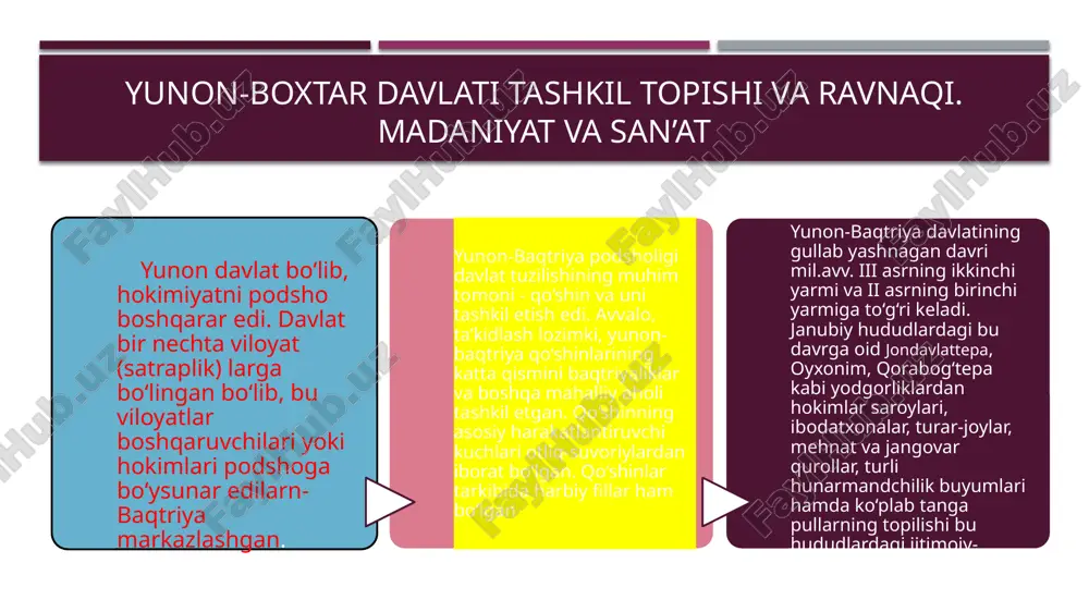 stiga shahar qal’asi - akropolini qurish imkoniyati bor edi. shuningdek, shaharning qishloq xo‘jalik mahsulotlari bilan ta’minlab turuvchi juda katta serhosil tekislikka tutashib ketganligi ham iqtisodiy taraqqiyotni ta’minlar edi. pliniy marg‘iyonaning markaziy shahri haqida shunday ma’lumot beradi: «unda aleksandr aleksandriyaga asos soldi, ammo varvarlar bu shaharni vayron qildilar. salavkning o‘g‘li antiox bu shaharni xuddi shu joyda qayta tikladi. ... u shaharga o‘z nomini berishni lozim topdi». bunday xabar strabon asarida ham uchraydi. yozma manbalar ma’lumotlarini arxeologik tadqiqotlar ham tasdiqlaydi bu davrdagi yirik shaharlardan yana biri maroqanda (samarqand) bo‘lib uning mustahkam qal’asiga ahamoniylar davridan (afrosiyob) avval asos solinganligi bizga ma’lum. afrosiyob mustahkam himoya devorlari bilan o‘rab olingan edi. shaharning mudofaa tizimi aleksandr qamaliga ham dosh bergan. arxeologik tadqiqotlar natijalariga ko‘ra, afrosiyobning umumiy maydoni 219 gektar bo‘lib, kursiy ruf maroqandaning mudofaa devorlari o‘zunligini 70 stadiy (taxm. 12 km.) deb ma’lumot beradi. shahar mustahkam qal’aga ega va mudofaa devorlari bilan o‘ralgan image1.png image2.png image3.svg …