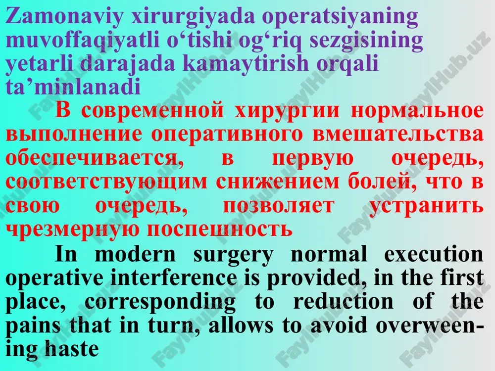 eratsiya – segmentarnaya plastika pishevoda kolotransplantatom the radical operation segmentar plastic arts of the gullet colonotransplant palliativ operatsiyalar palliativnie operatsii the palliative operations palliativ operatsiyalarda kasallikning keltirib chiqaruvchi sababi yo‘qol-maydi, faqatgina bemorlarning axvoli yengillashtiriladi xalos. masalan xavfli o‘sma yo‘g‘on ichak bo‘shlig‘ini yopib qo‘ygan bo‘lsa va uni radikal bartaraf qilishning iloji bo‘lmasa ichak xalqasi qorin old devoriga chiqariladi. bunda ichak o‘smasi olib tashlanmaydi, lekin ichak tutilishi bartaraf bo‘ladi va sun’iy tashqi ichak oqmasi yaratiladi palliativnie operatsii ne likvidiruyut prichinu bolezni, no tolko oblegchayut sostoyaniya bolnogo. tak, naprimer, esli opuxol zakrivaet prosvet tolstoy kishki i net vozmojnosti radikalnogo udaleniya ee, pribegayut k vivedeniyu kishechnoy petli na perednyuyu stenku jivota s posleduyushim vskritiem ee prosveta. v takom sluchae opuxol ostaetsya, odnako ustranyaetsya kishechnaya neproxodimost i soderjimoe kishechnika svobodno videlyaetsya cherez kaloviy svish the palliative operations do not liquidate the reason a disease, but only disease the conditions sick. so, for instance if tumor …