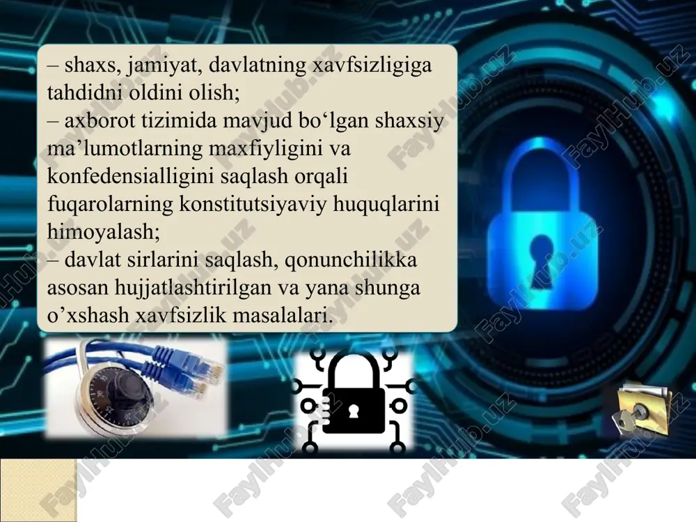 ishi kerakki, shifrni ochish kalitlarini to‘liq tanlab olish masalasini yechish yo‘li bilan amalga oshirilishi kerak; kriptochidamlilik shifrlash algoritmining maxfiyligi bilan emas, balki kalitning maxfiyligi bilan ta’minlanadi. shifrmatn o‘zi xajmi bo‘yicha boshlang‘ich axborotdan ko‘payib ketmasligi kerak; 1-rasm: shifrlash kriptotizimining umumlashtirilgan sxemasi kriptotizimlarning ikkita sinfi farqlanadi: - simmetrik kriptotizim (bir kalitli); - asimmetrik (nosimmetrik) kriptotizim (ikkita kalitli). axborotni teskari o'zgartirish quyidagi ko'rinishga ega: m' = dk2(c) d funktsiyasi e funktsiyaga nisbatan teskari funktsiya bo'lib, shifr matnni rasshifrovka qiladi. bu funktsiya ham k2 kalit urinishidagi qo'shimcha parametrga ega. k1 va k2 kalitlar bir ma'noli moslikka ega bo'lishlari shart. bu holda rasshifrovka qilingan m' axborot m ga ekvivalent bo'ladi. k2 kaliti ishonchli bo'lmasa d funktsiya yordamida m' = m dastlabki matnni olib bo'lmaydi. kriptotizimlarning ikkita sinfi farqlanadi: - simmetrik kriptotizim (bir kalitli); - asimmetrik kriptotizim (ikkita kalitli). shifrlashning simmetrik kriptotizimida shifrlash va rasshifrovka qilish uchun bitta kalitning o'zi ishlatiladi. demak, shifrlash kalitidan foydalanish xuquqiga …
