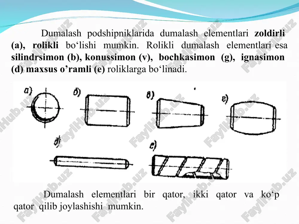 rolikli podshipniklar hisoblanadi. sirpanish podshipniklarida sirpanib ishqalanish hodisasi sodir bo‘ladi. val va o‘qlarining tayanchga mo’ljallangan qismi sapfa deyiladi. sapfaning shakli silindrsimon, konussimon (a, b) zoldirsimon (v) bo‘lishi mumkin. tayanchlar val yoki o‘qning uchida joylashgan bo’lsa ship (a) o‘rtasida joylashgan bo‘yin (b) deb ataladi. agar val yoki o‘qning sapfasi ularning uzunligiga tik tekislikda joylashgan bo‘lsa, bunday sapfa tovon deyiladi. sirpanish podshipniklari yuqorida qayd etilgan sirpanish podshipniklaridan konussimon hamda zoldirsimon sirpanish podshipniklari nisbatan kam ishiatiladi. sirpanish podshipniklari tuzilishi jihatidan ajralmaydigan va ajraladigan podshipniklarga bo’linadi. ajralmaydigan ichquymasiz podshipniklarning tuzilishi oddiy bo‘lib, vaqt-vaqti bilan ishlaydigan sekin harakatlanuvchi mashinalarda ishiatiladi. 1- ichquyma; 2- ishqalanish yuzasini yoglash uchun maxsus ariqcha; 3- ichquymani korpusga mahkamlash uchun ishlatiladigan vint; 4- podshipnik korpusi. ajraladigan podshipniklar korpus (1), ikki bo‘lak ichquyma (2), qopqoq (3) hamda mahkamlash uchun ishlatiladigan bolt (4) dan iborat bo‘ladi. pallali qilib tayyorlash mumkin; tuzilishi oddiy va tannarxi arzon. kamchiliklari: rangli metallarning ishlatilishi; suyuqlikdagi ishqalanish rejimini hosil …